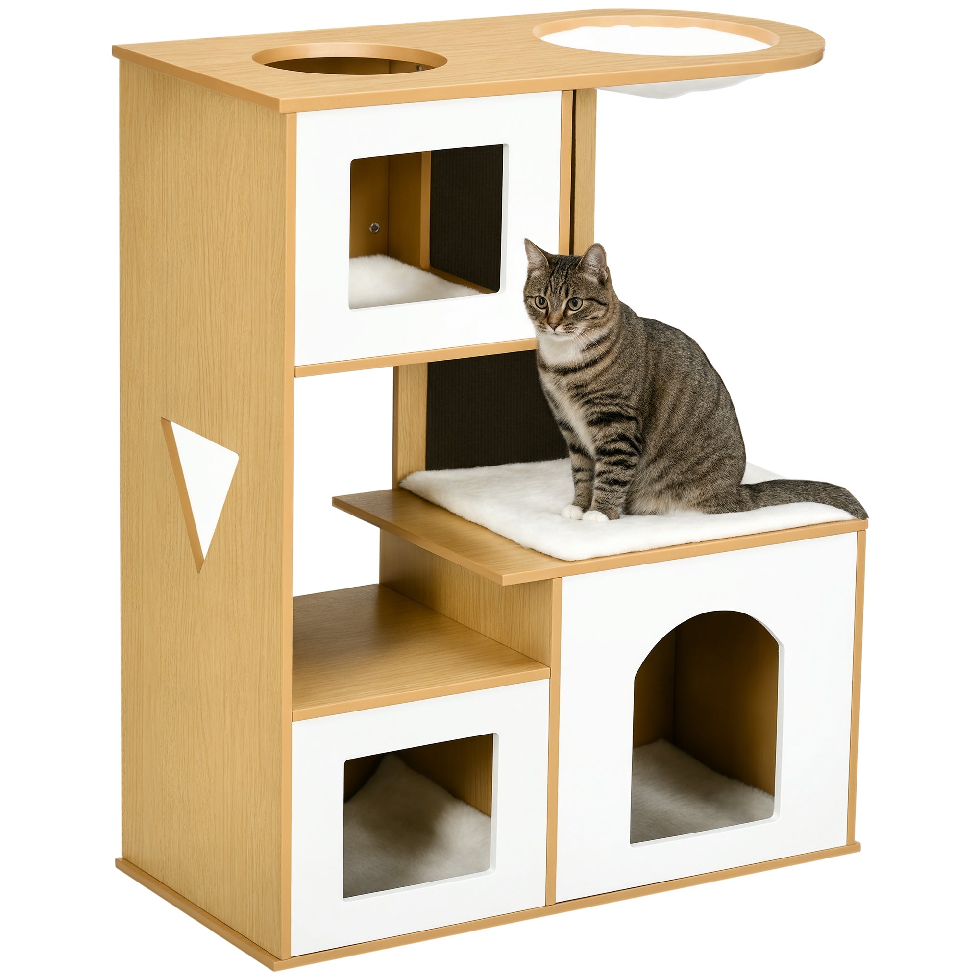 Torre para Gatos com 3 Casas de Madeira e Rede - 76x37x92,5cm - Carvalho e Branco