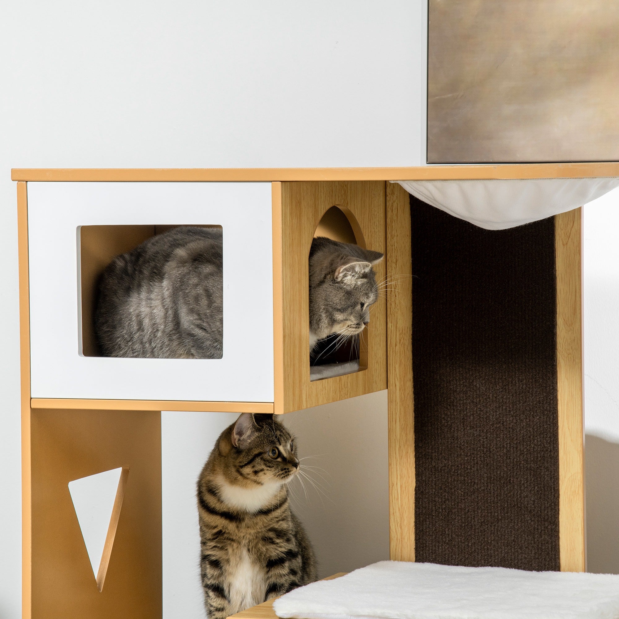 Torre para Gatos com 3 Casas de Madeira e Rede - 76x37x92,5cm - Carvalho e Branco
