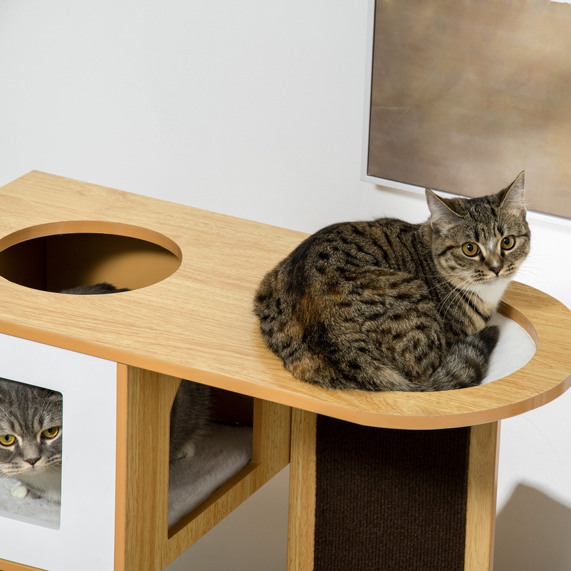 Torre para Gatos com 3 Casas de Madeira e Rede - 76x37x92,5cm - Carvalho e Branco