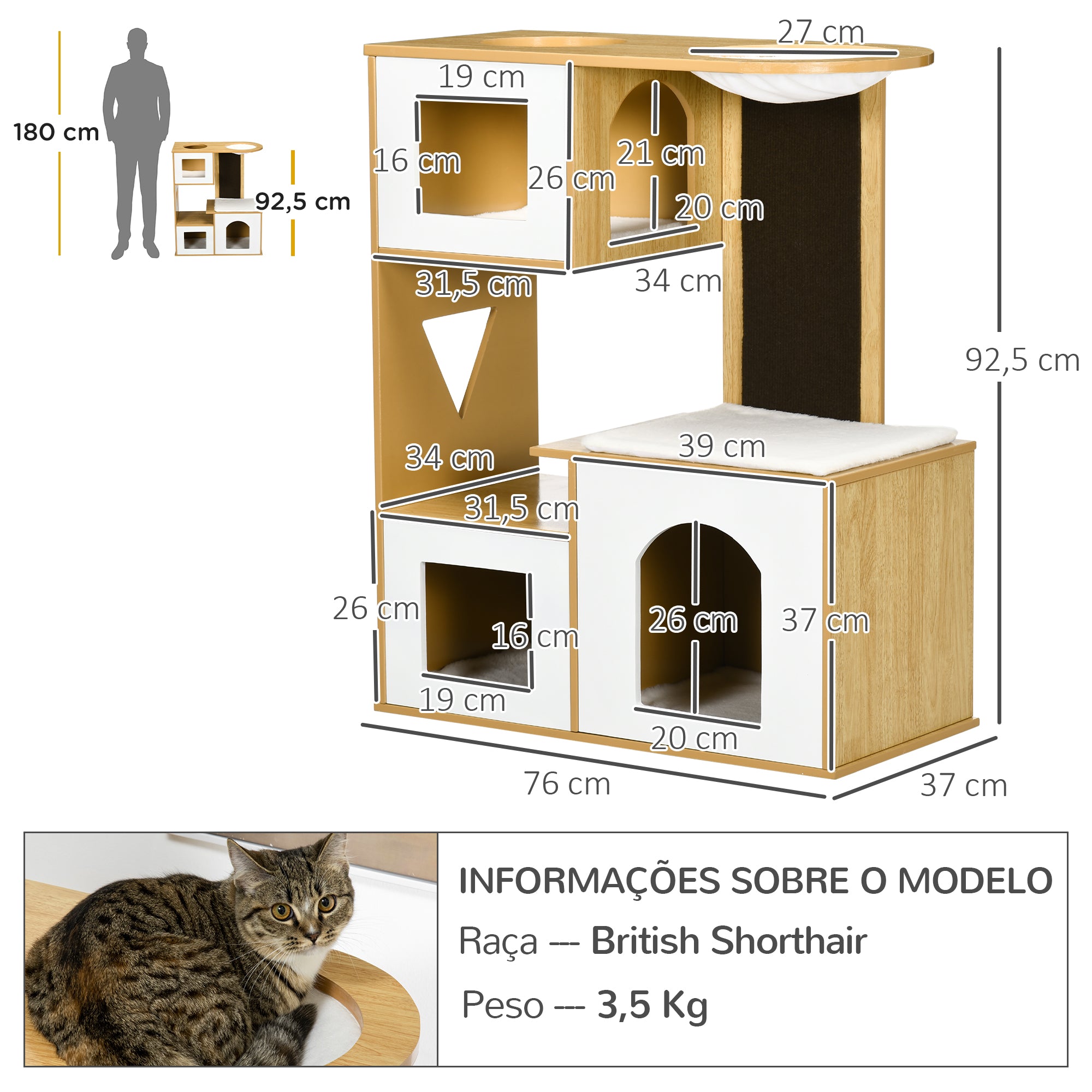 Torre para Gatos com 3 Casas de Madeira e Rede - 76x37x92,5cm - Carvalho e Branco