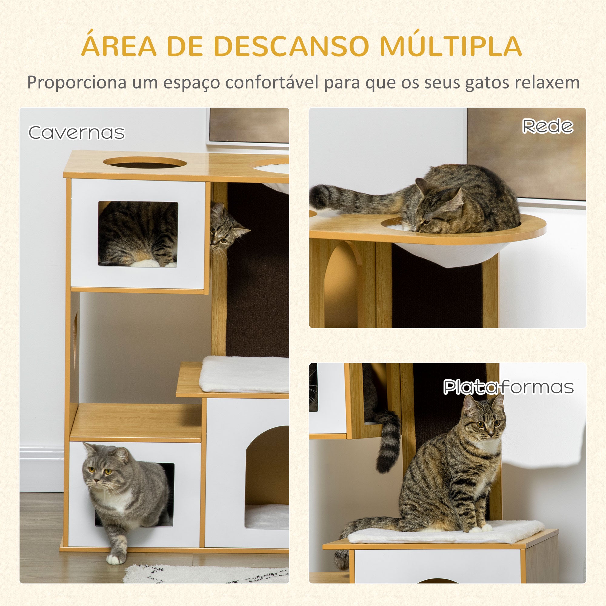 Torre para Gatos com 3 Casas de Madeira e Rede - 76x37x92,5cm - Carvalho e Branco