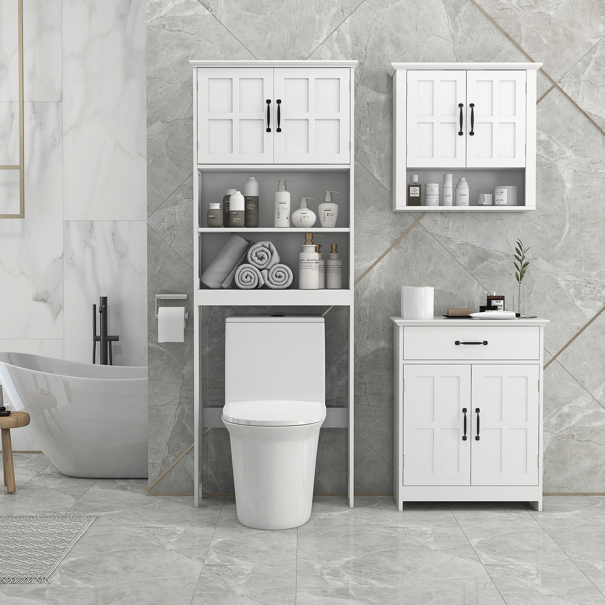 Armário sobre Sanita com 2 Portas e Prateleiras - 66x23x178 cm Branco