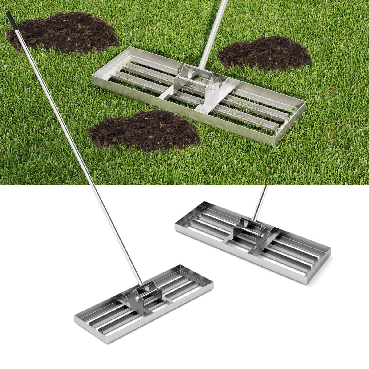 Rastrillo de Nivelamento de Relva 75 x 25 cm Ferramenta de Relva Resistente com Pega Ergonómica para Solo para Jardim Pátio Quinta - Prateado