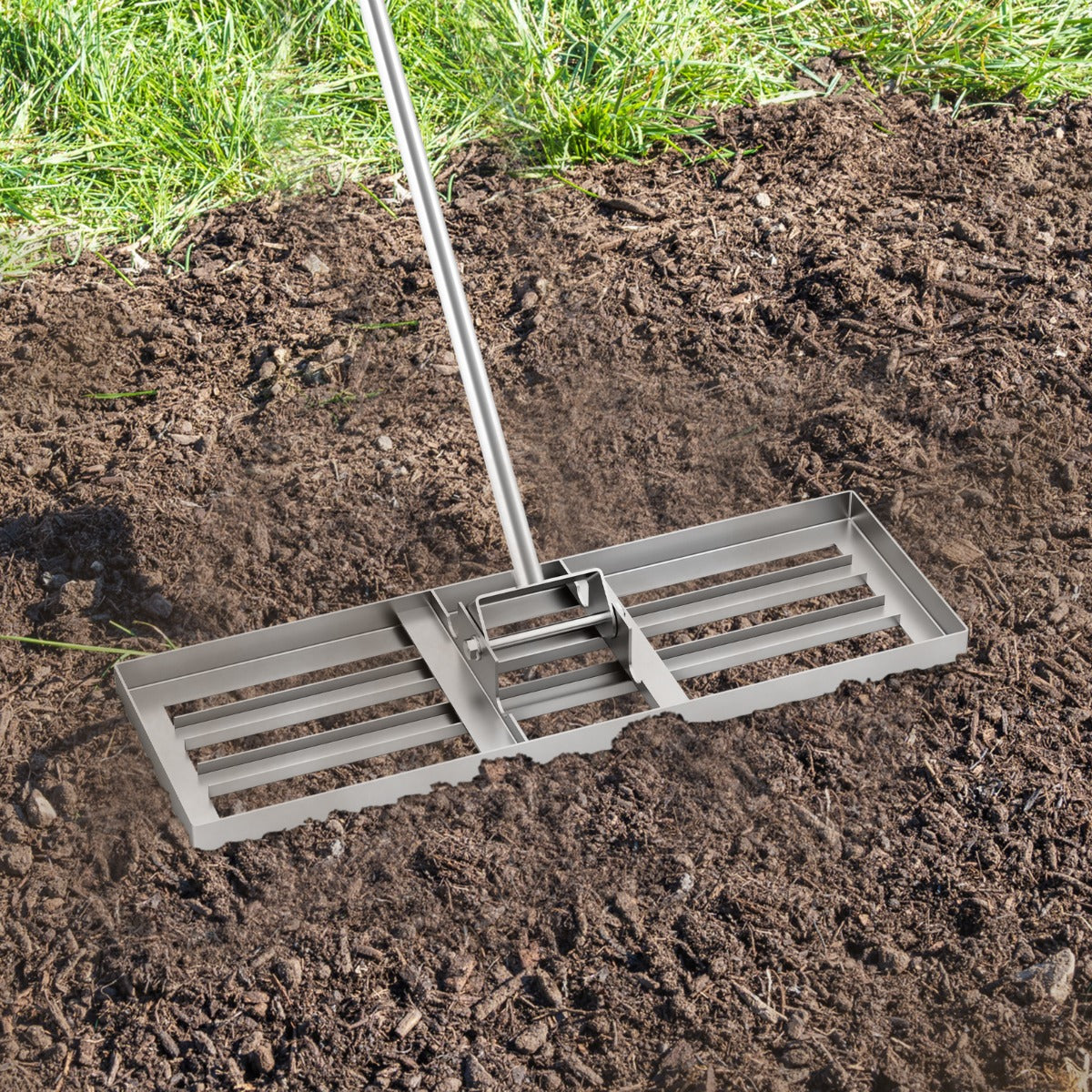 Rastrillo de Nivelamento de Relva 75 x 25 cm Ferramenta de Relva Resistente com Pega Ergonómica para Solo para Jardim Pátio Quinta - Prateado