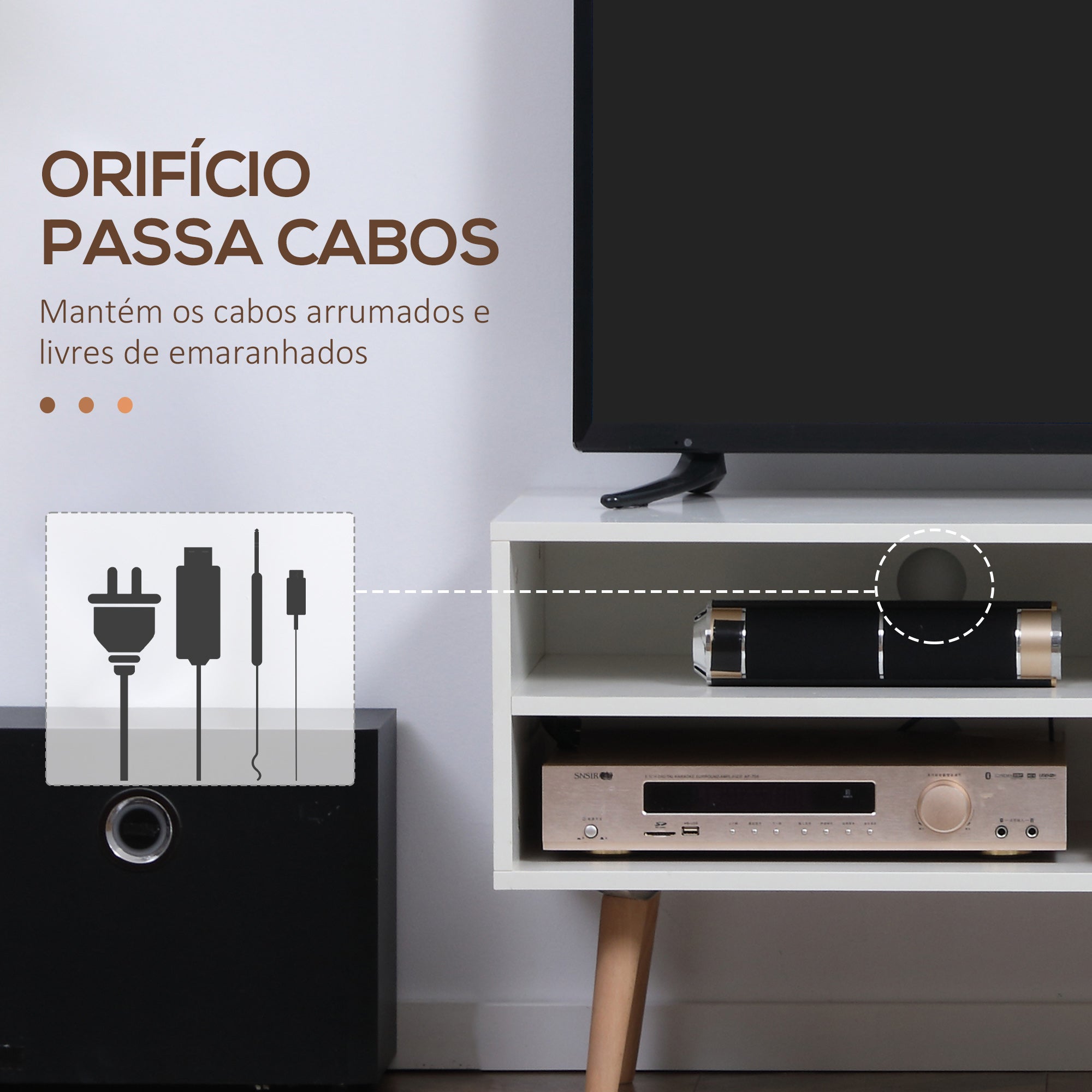 Móvel de TV Minimalista 110x40x50cm Branco e Madeira