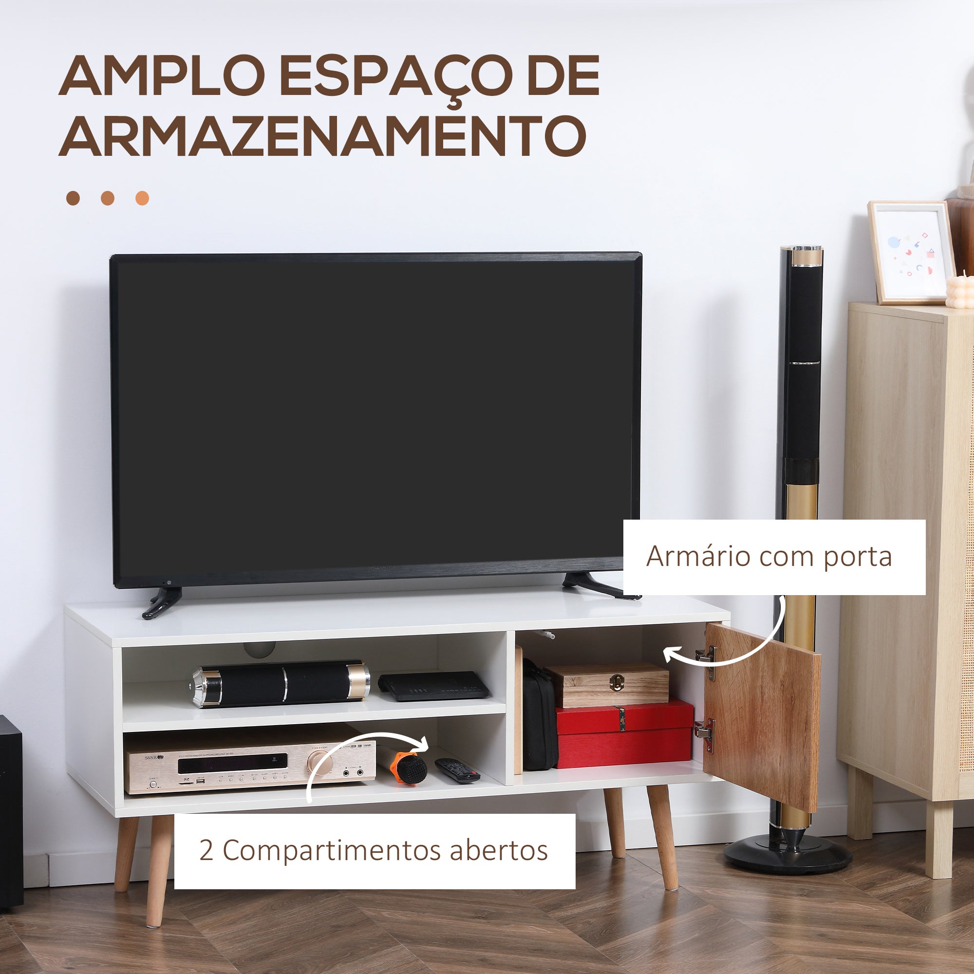 Móvel de TV Minimalista 110x40x50cm Branco e Madeira