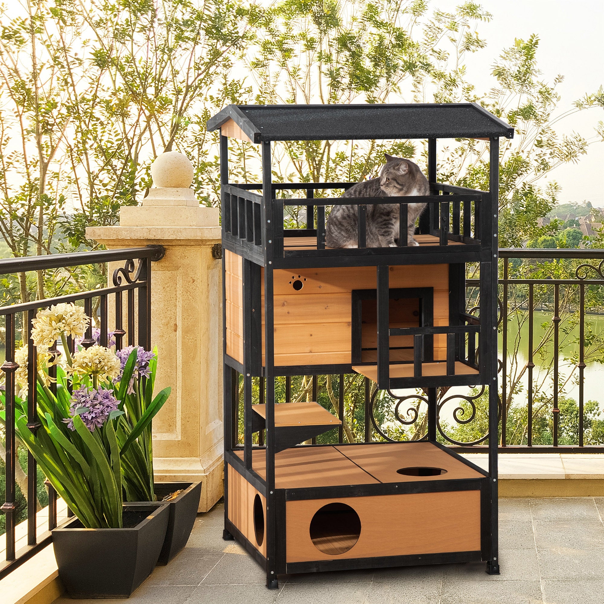 Casa para Gatos de Madeira Natural 75,5x75x137 cm