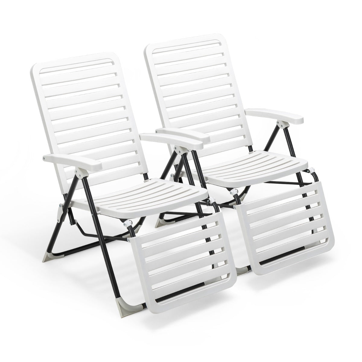 Conjunto de 2 Cadeiras Reclináveis Dobráveis de Espreguiçadeira em PP com Encosto de 7 Posições e Descanso de Pés Confortável para Jardim Branco