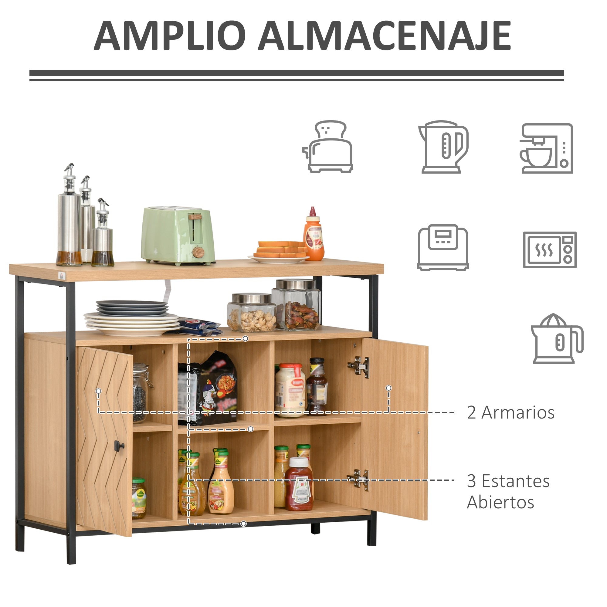 Aparador com Estantes Abertas 2 Portas e Prateleiras Ajustáveis 100x35x80cm Cor de Carvalho