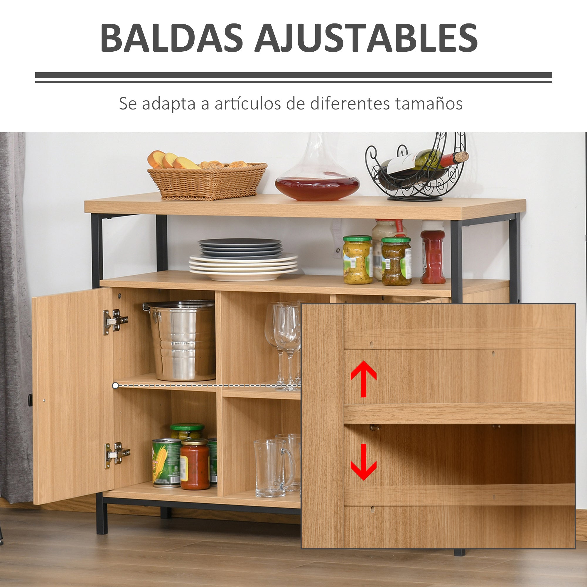 Aparador com Estantes Abertas 2 Portas e Prateleiras Ajustáveis 100x35x80cm Cor de Carvalho