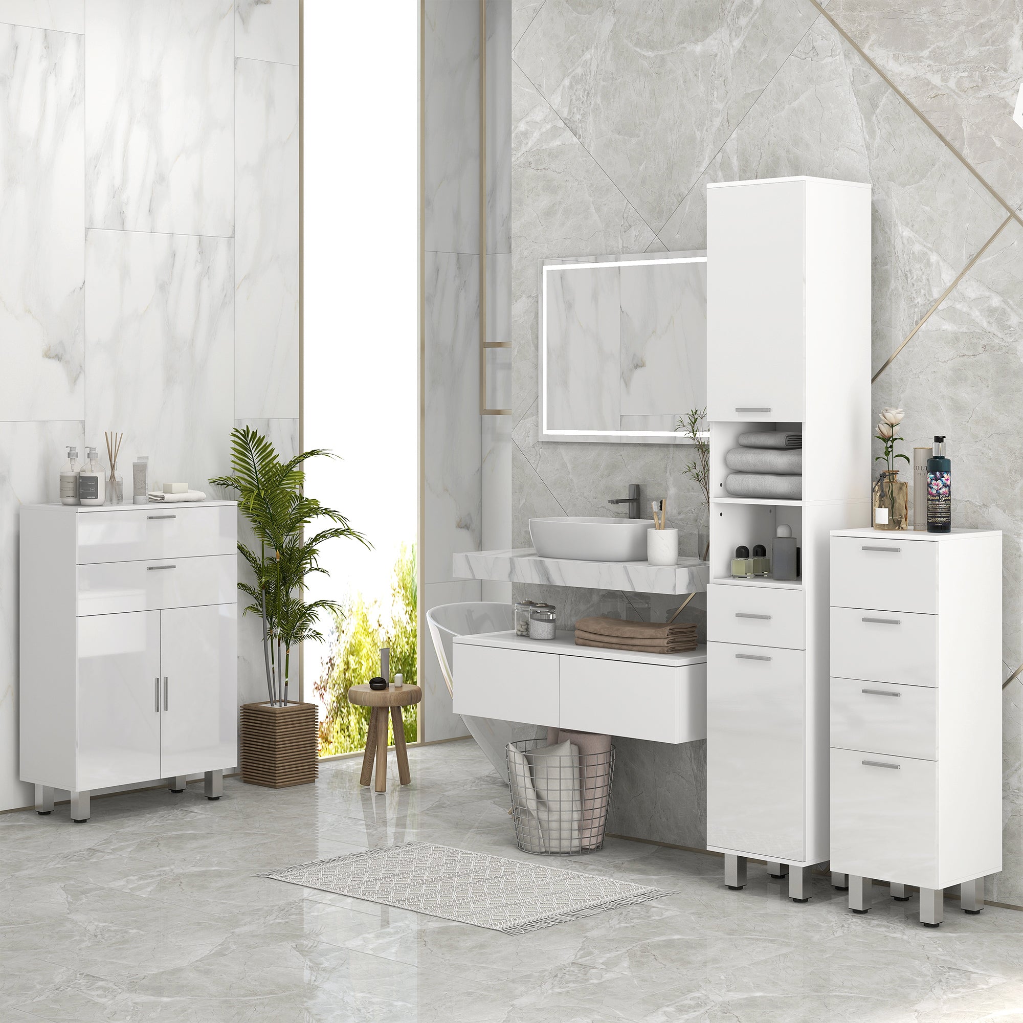 Móvel de Casa de Banho Moderno com 4 Gavetas 30x30x93 cm Branco