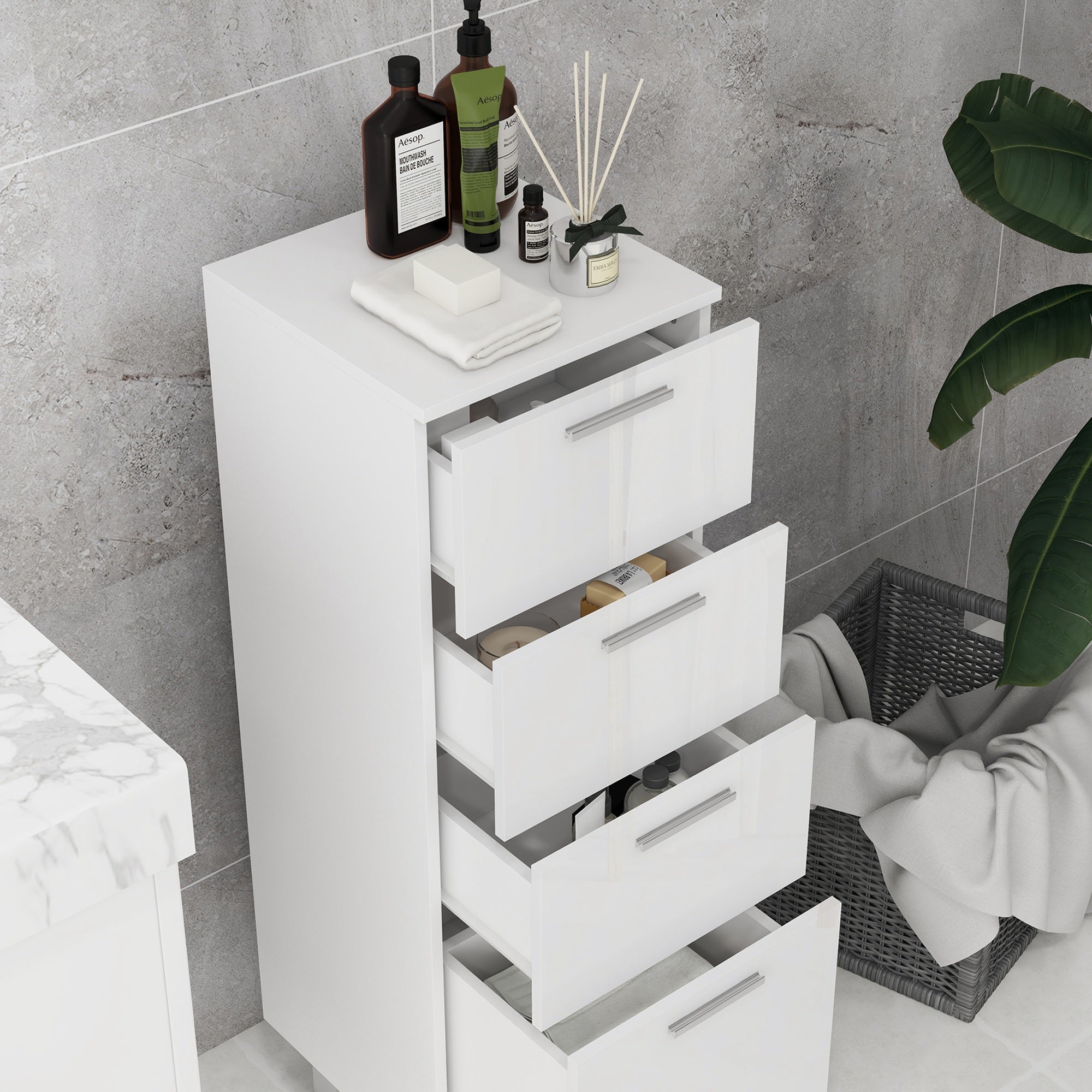 Móvel de Casa de Banho Moderno com 4 Gavetas 30x30x93 cm Branco