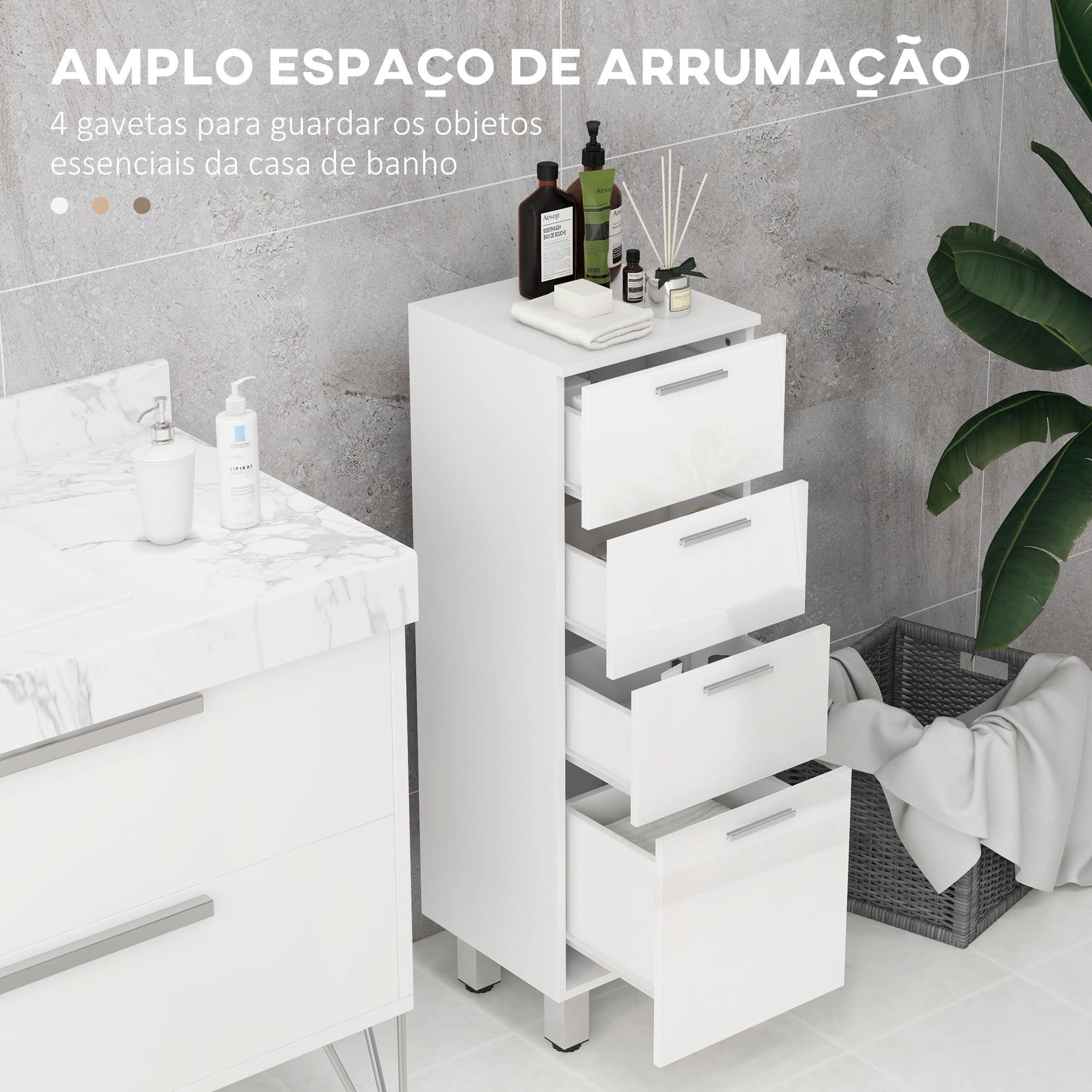 Móvel de Casa de Banho Moderno com 4 Gavetas 30x30x93 cm Branco