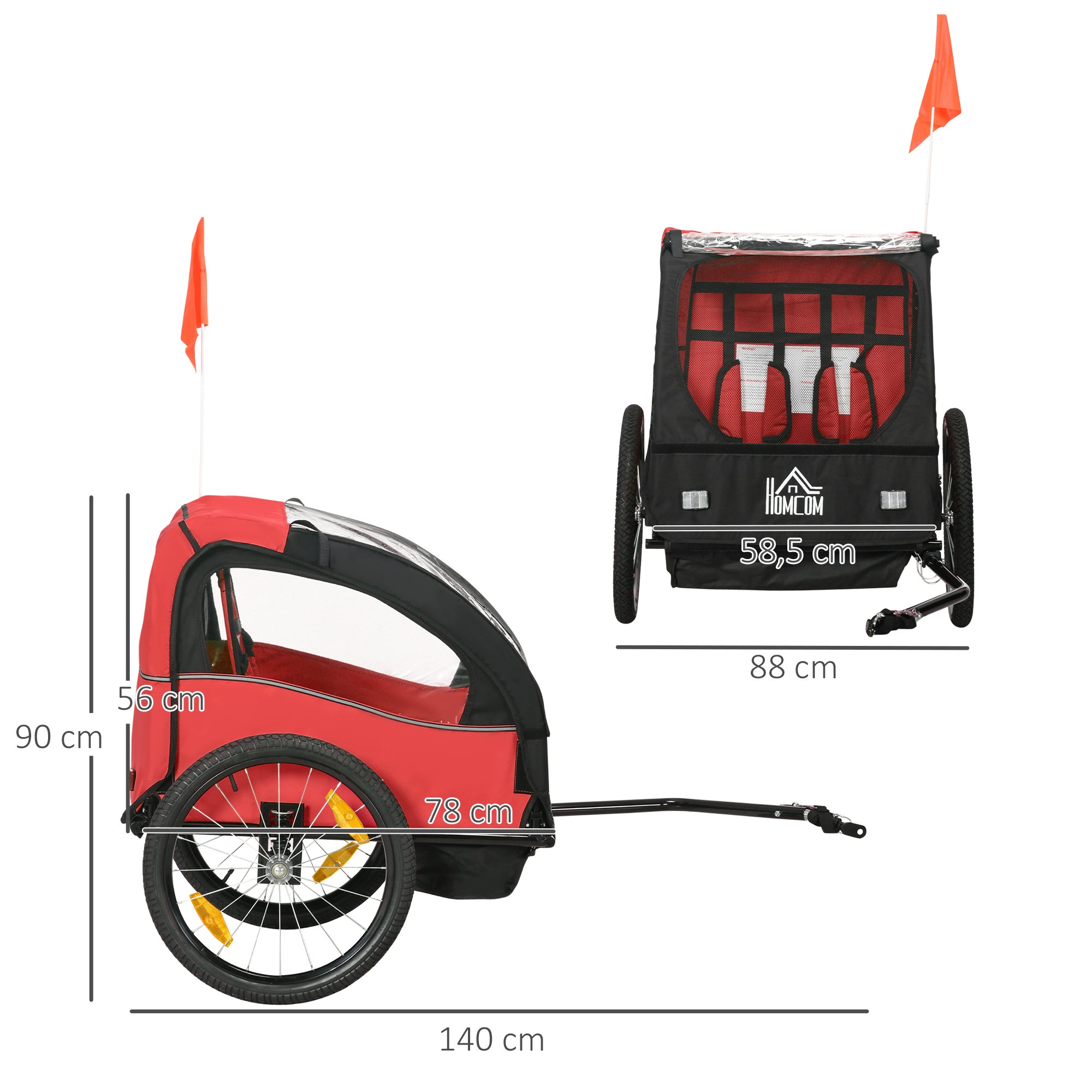 Reboque de Bicicleta para Crianças – 140x88x90 cm – Vermelho – Poliéster e aço