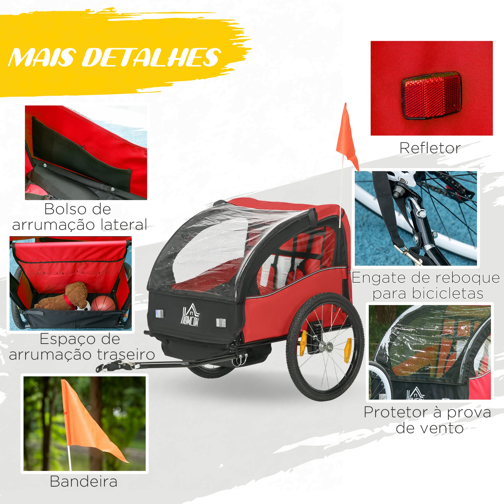 Reboque de Bicicleta para Crianças – 140x88x90 cm – Vermelho – Poliéster e aço