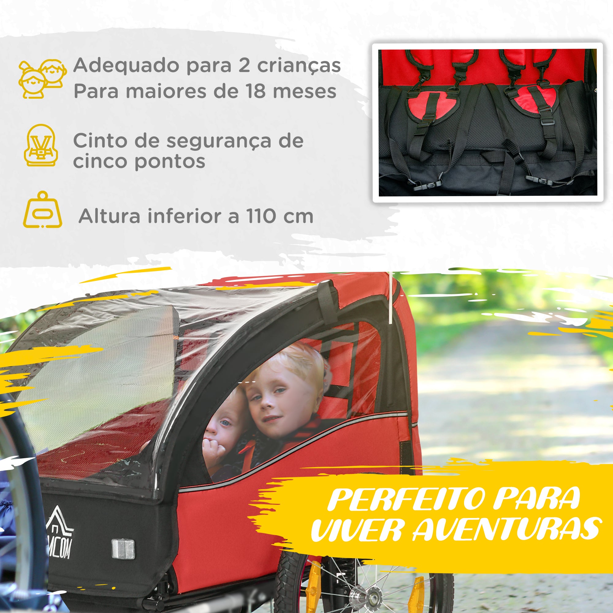 Reboque de Bicicleta para Crianças – 140x88x90 cm – Vermelho – Poliéster e aço