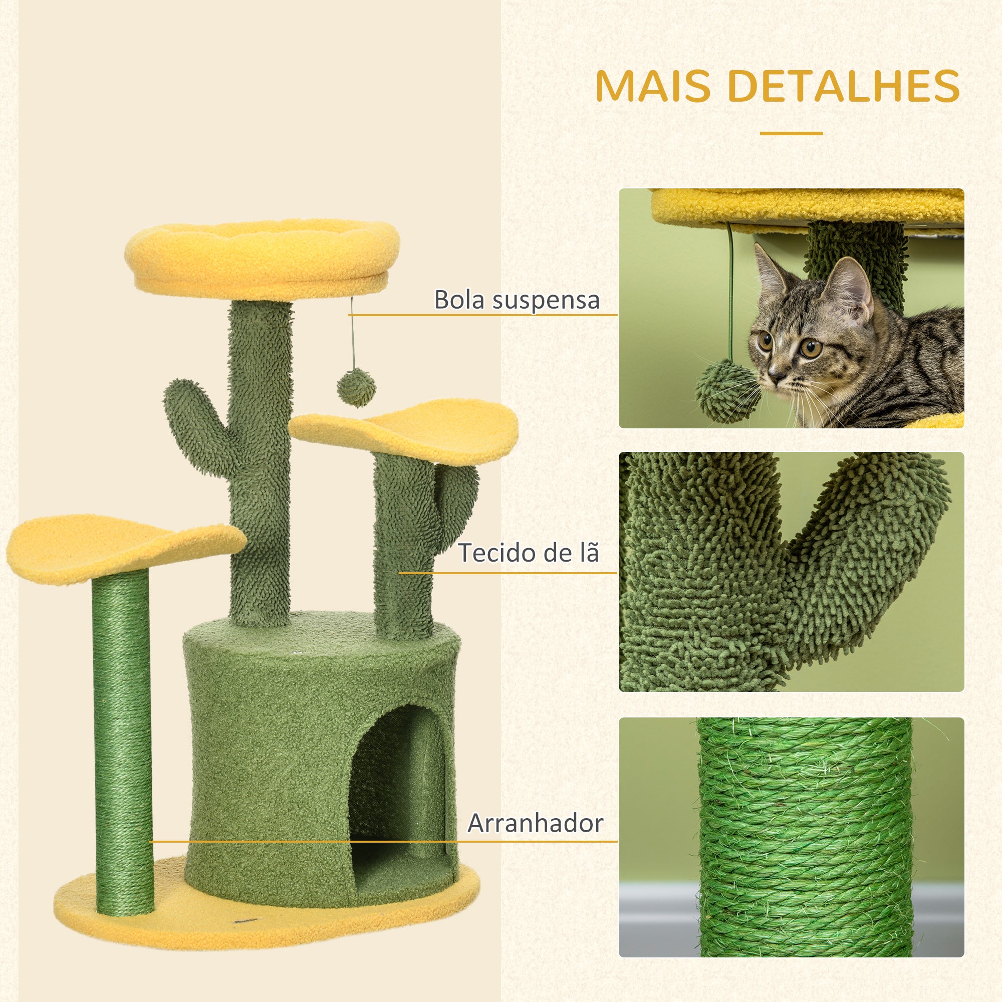 Árvore Arranhador para Gatos em Forma de Cacto Altura 83cm Verde