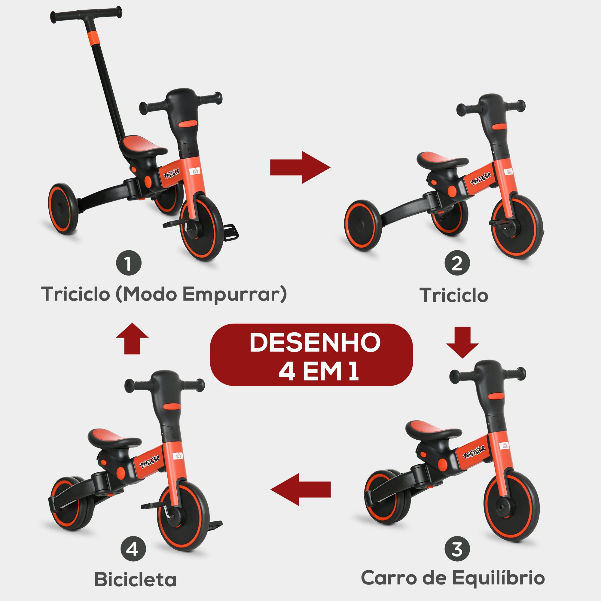Triciclo Infantil 4 em 1 Vermelho 101x45x76,2-98,8cm