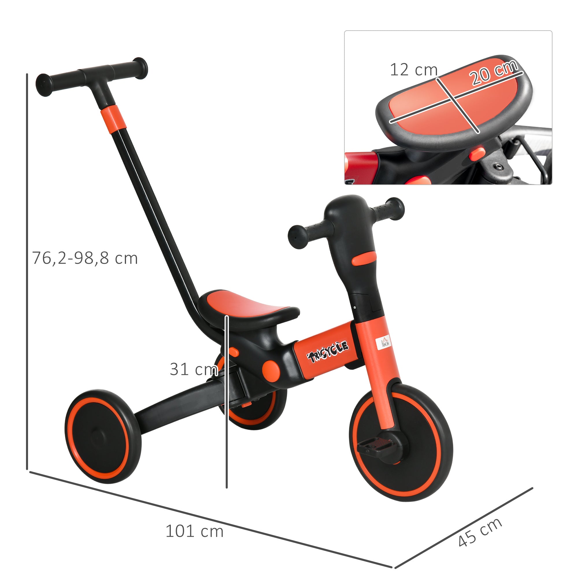 Triciclo Infantil 4 em 1 Vermelho 101x45x76,2-98,8cm
