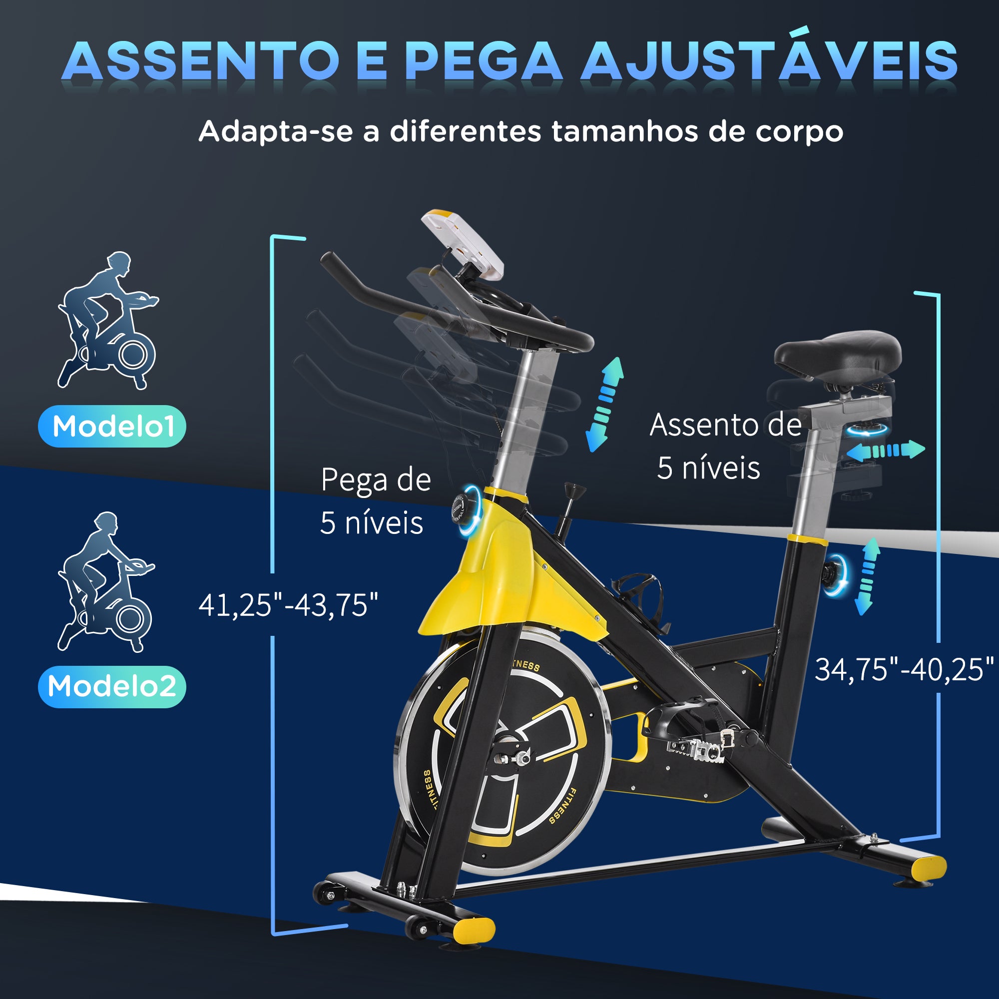 Bicicleta Estática Fitness Amarelo e Preto 45,5x100x101-113 cm
