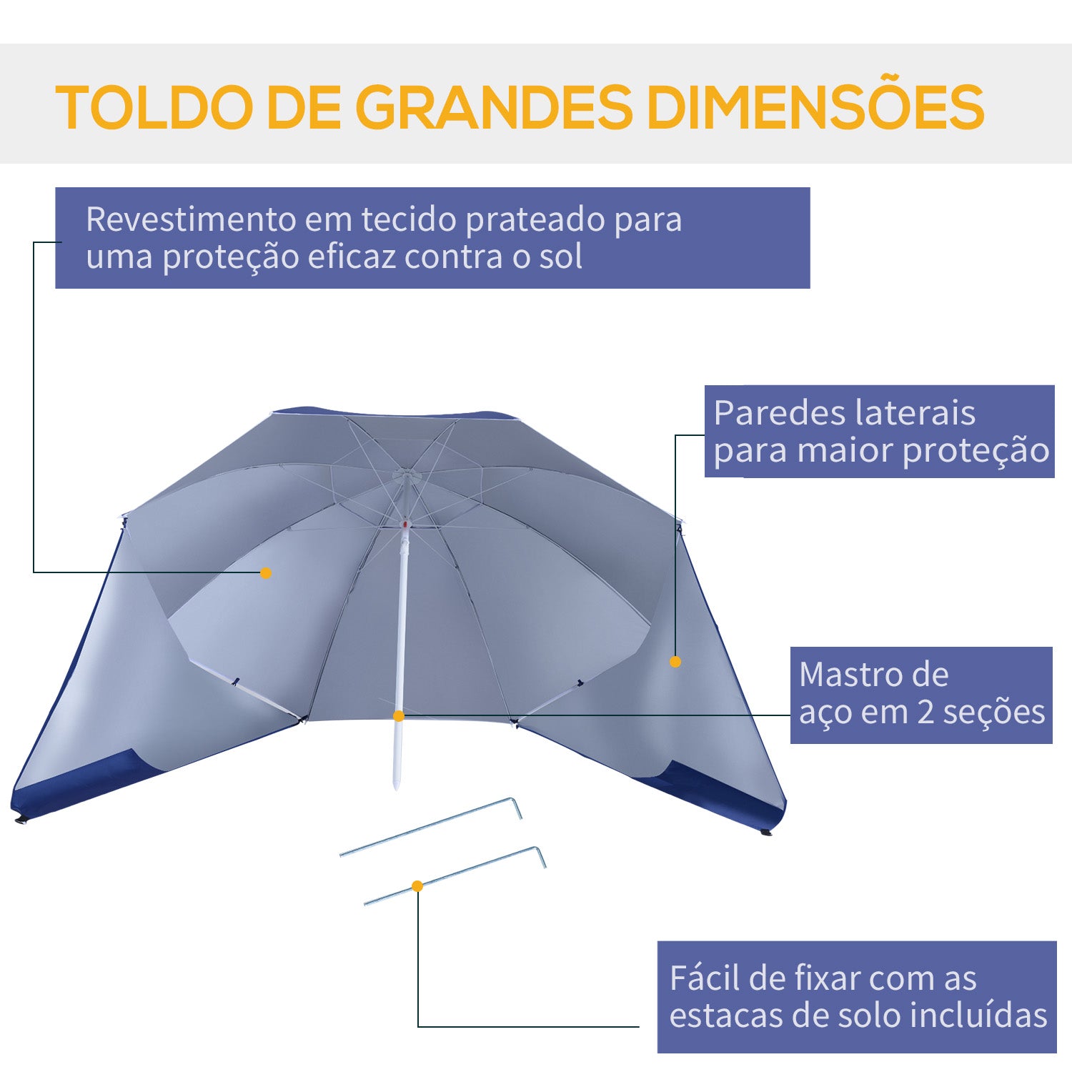 Chapéu de Sol de Praia Azul Φ210x222cm - Proteção UV e Painéis Laterais