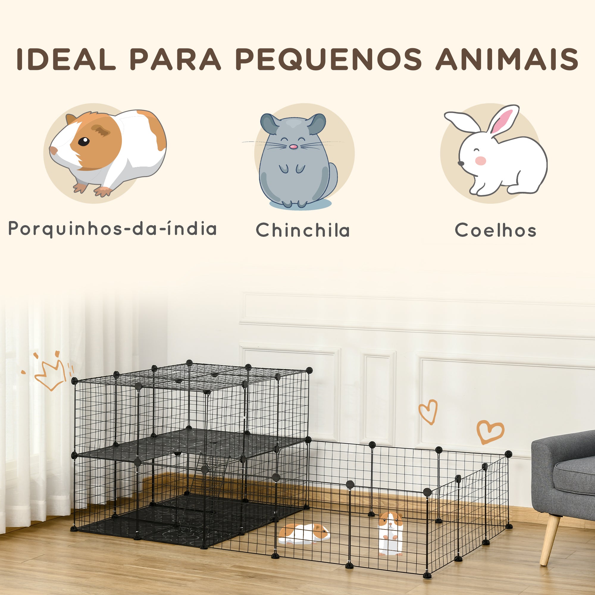 Recinto Metálico para Pequenos Animais 175x105x70 cm - Cor Preto