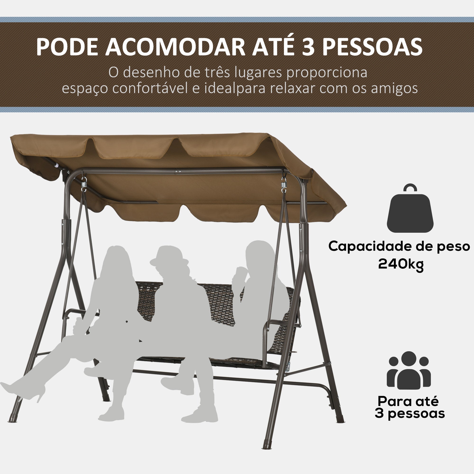 Baloiço de Jardim Marrom 167x112x153 cm com Toldo Ajustável em Vime PE