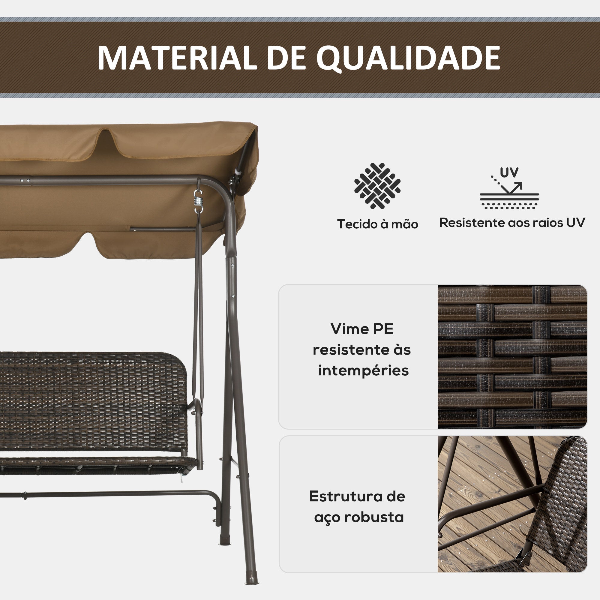 Baloiço de Jardim Marrom 167x112x153 cm com Toldo Ajustável em Vime PE