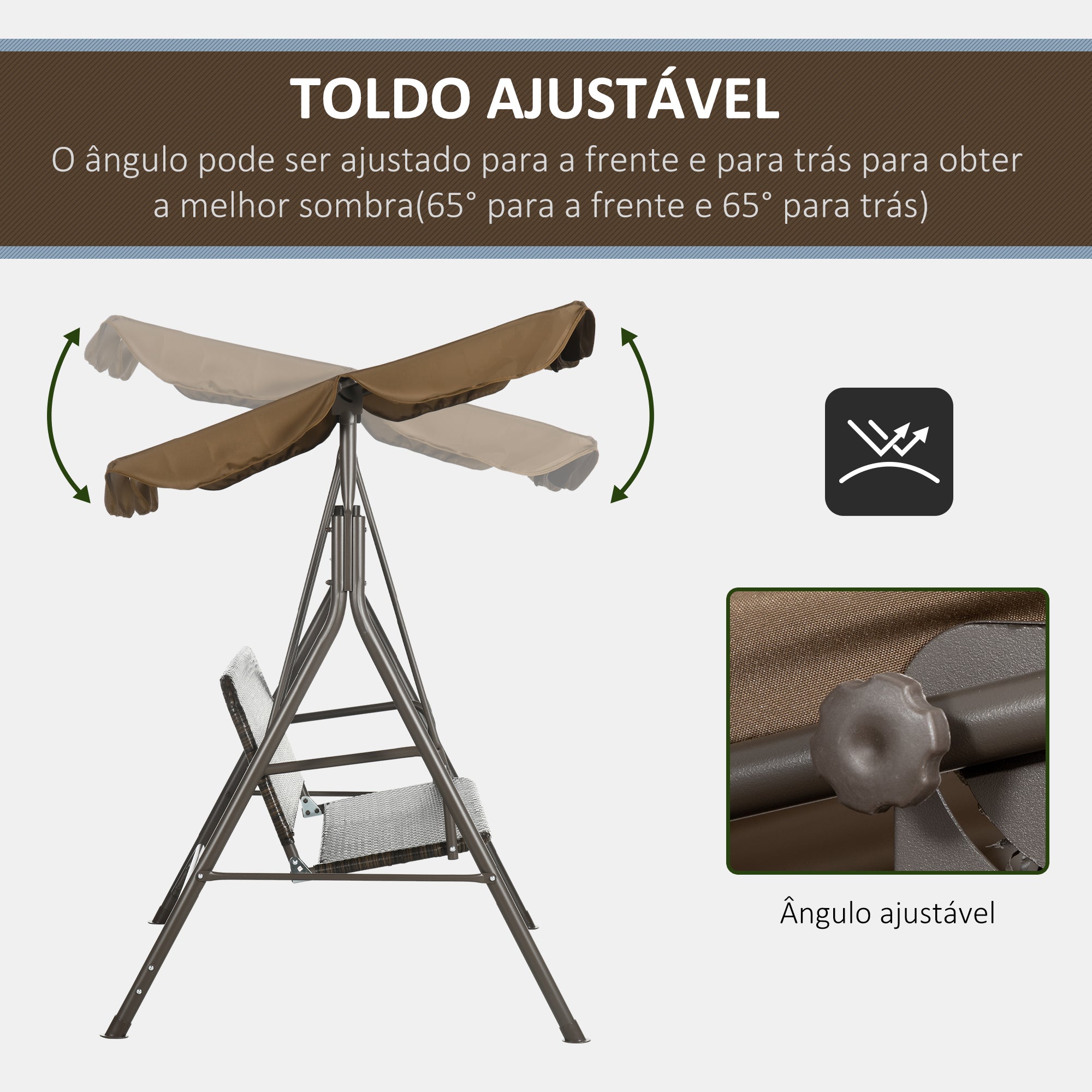 Baloiço de Jardim Marrom 167x112x153 cm com Toldo Ajustável em Vime PE