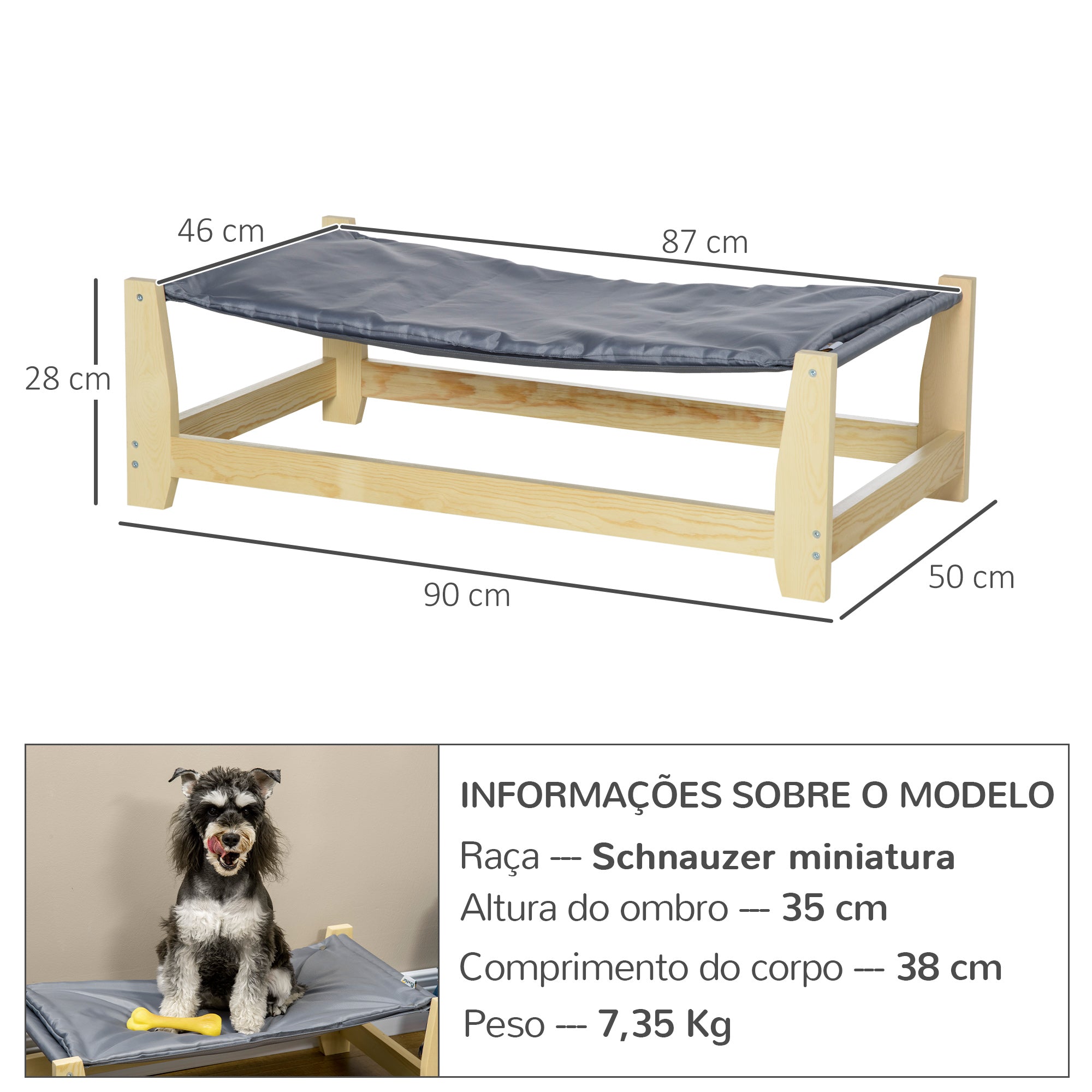 Cama Elevada para Animais de Estimação – 90x50x28cm – Cor Cinza Claro – Madeira de Pinho e Tecido Oxford
