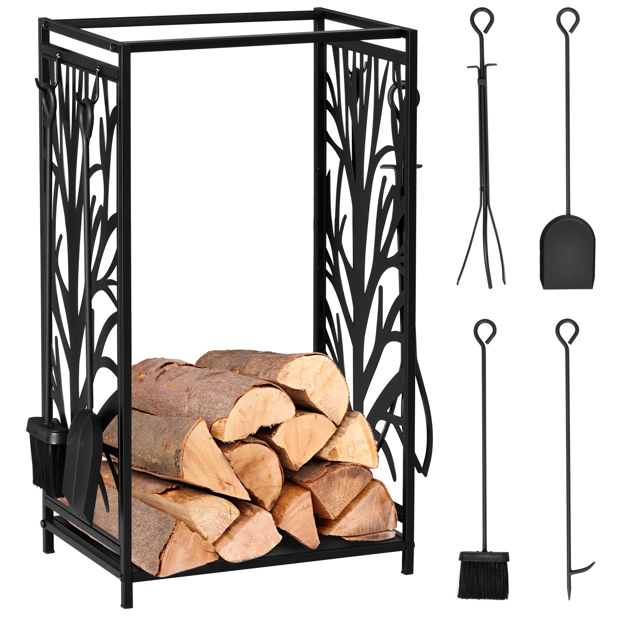 Suporte para Lenha 46x30x70 cm Preto - Armazenamento e 4 Ferramentas
