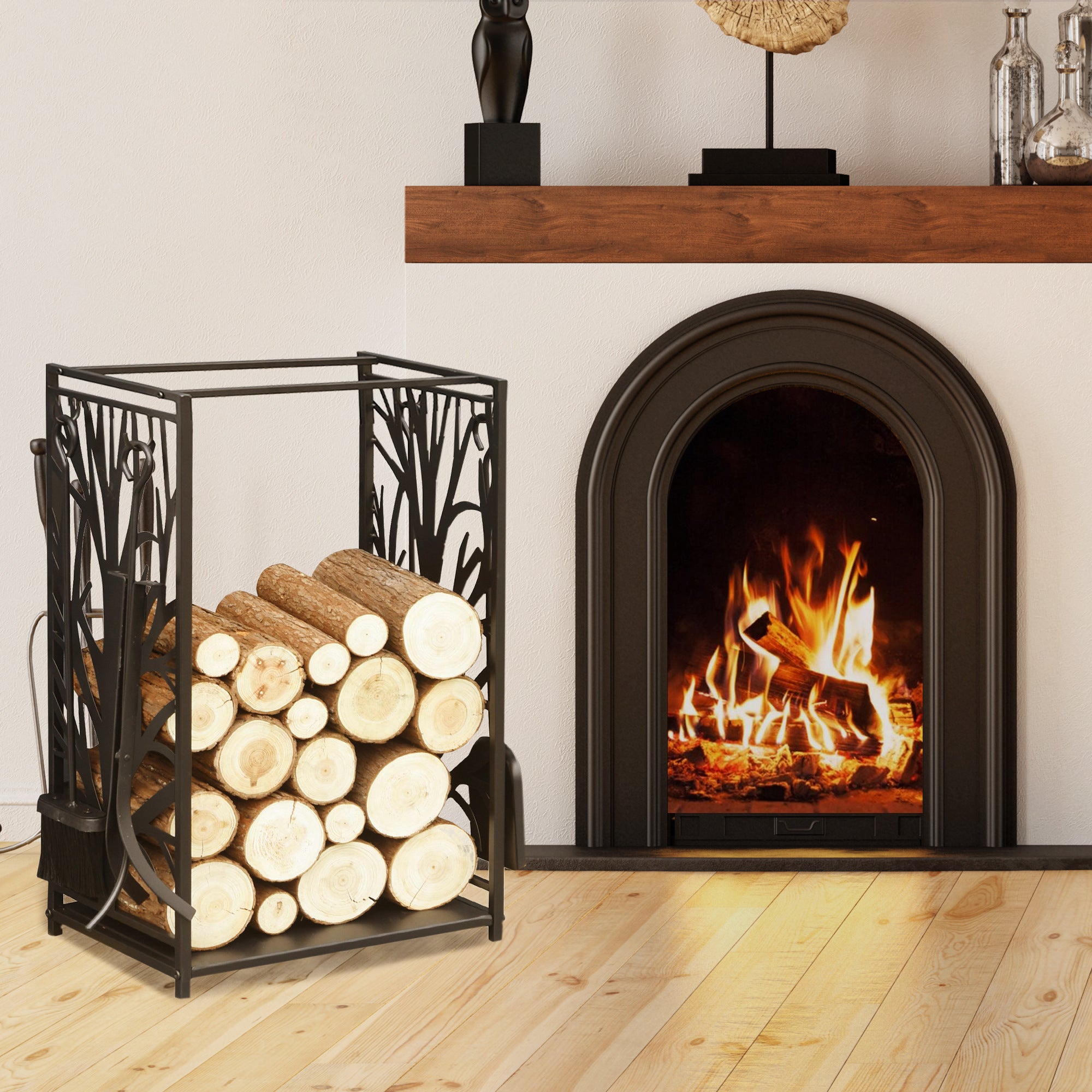 Suporte para Lenha 46x30x70 cm Preto - Armazenamento e 4 Ferramentas