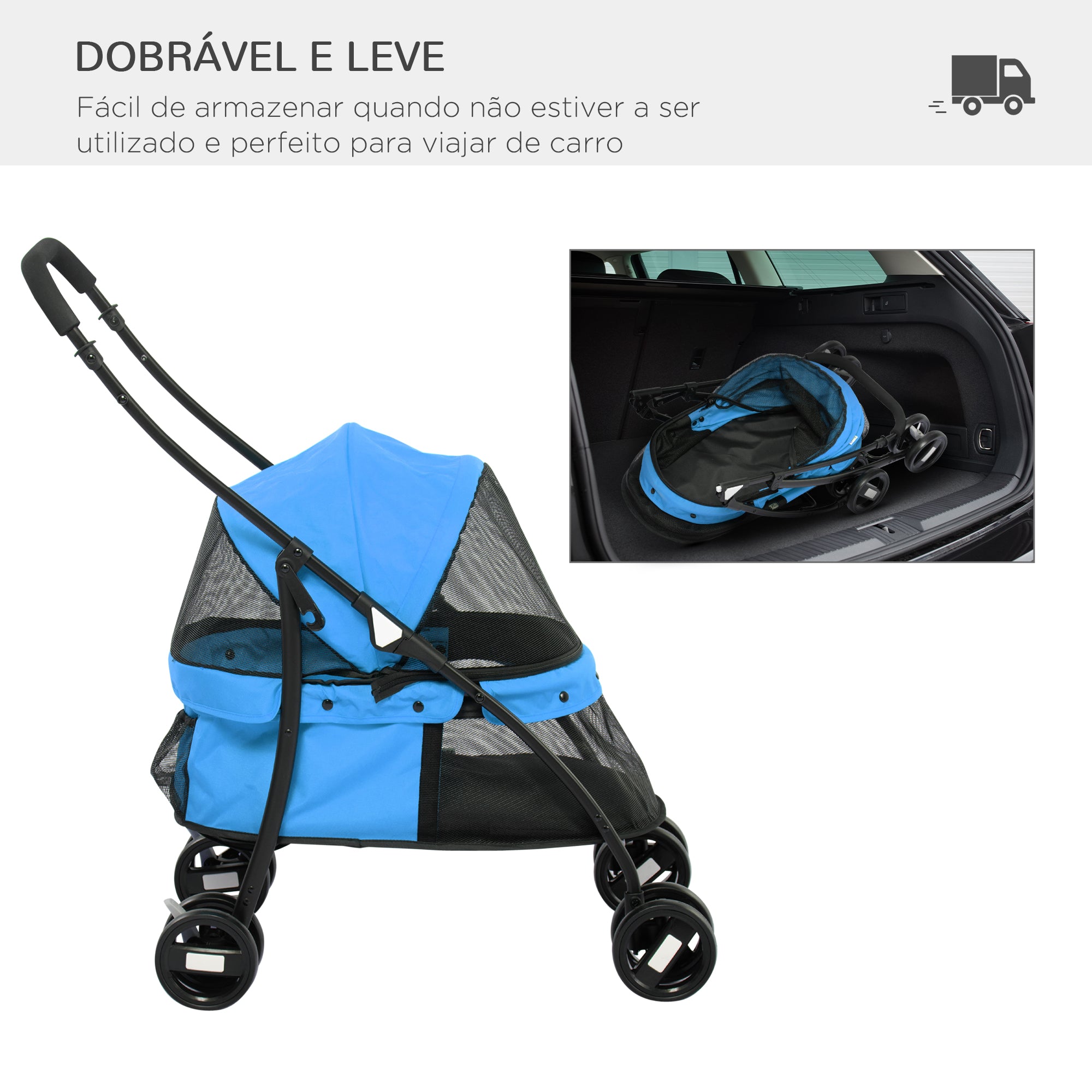 Carrinho para Animais de Estimação Dobrável – 82x47x97cm – Azul – Aço
