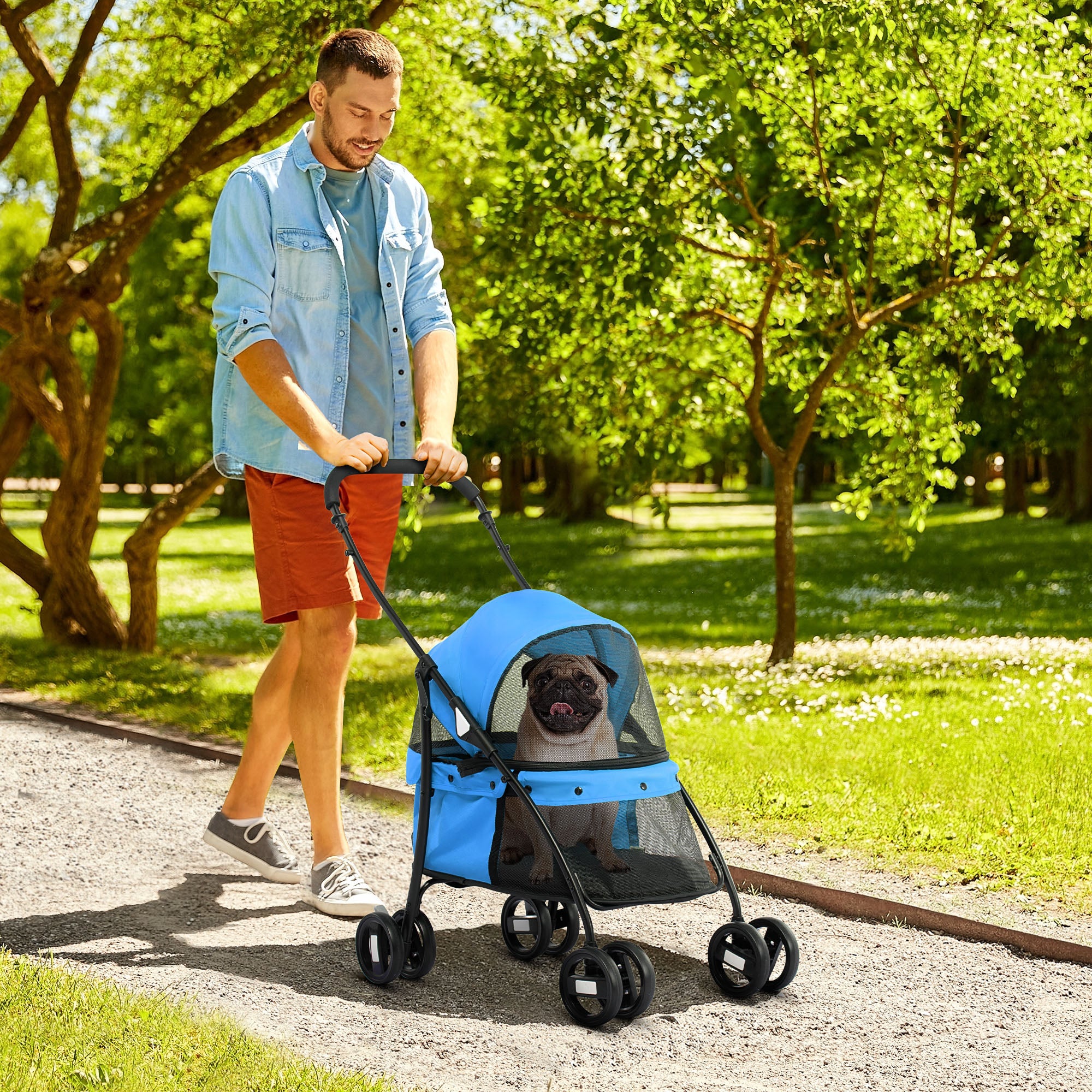 Carrinho para Animais de Estimação Dobrável – 82x47x97cm – Azul – Aço