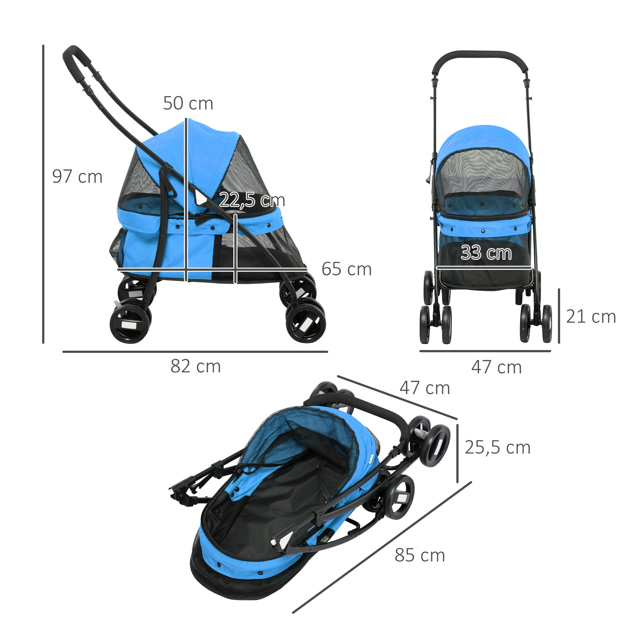 Carrinho para Animais de Estimação Dobrável – 82x47x97cm – Azul – Aço