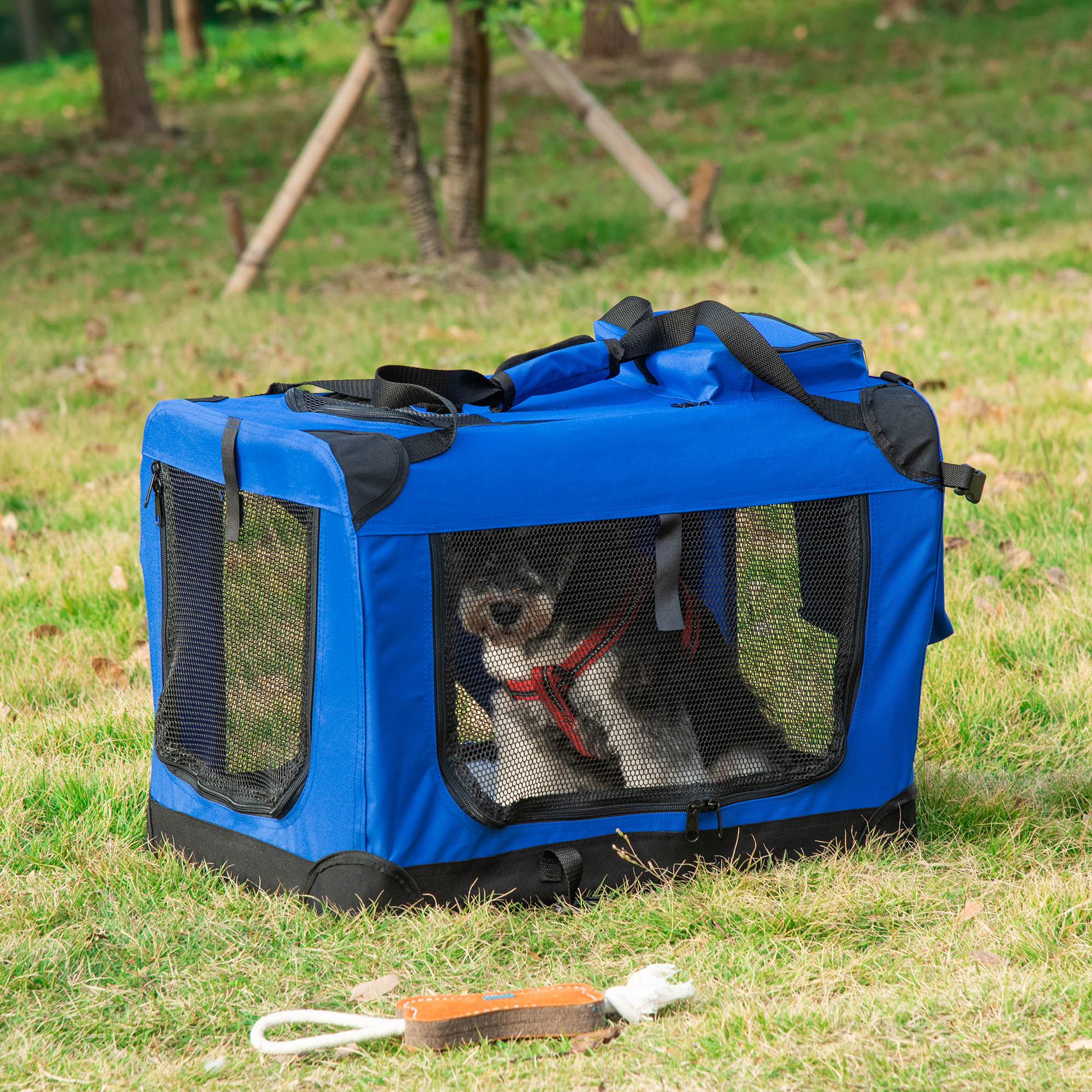 Transportadora para Cães e Gatos Dobrável 60x42x42 cm Azul e Preto