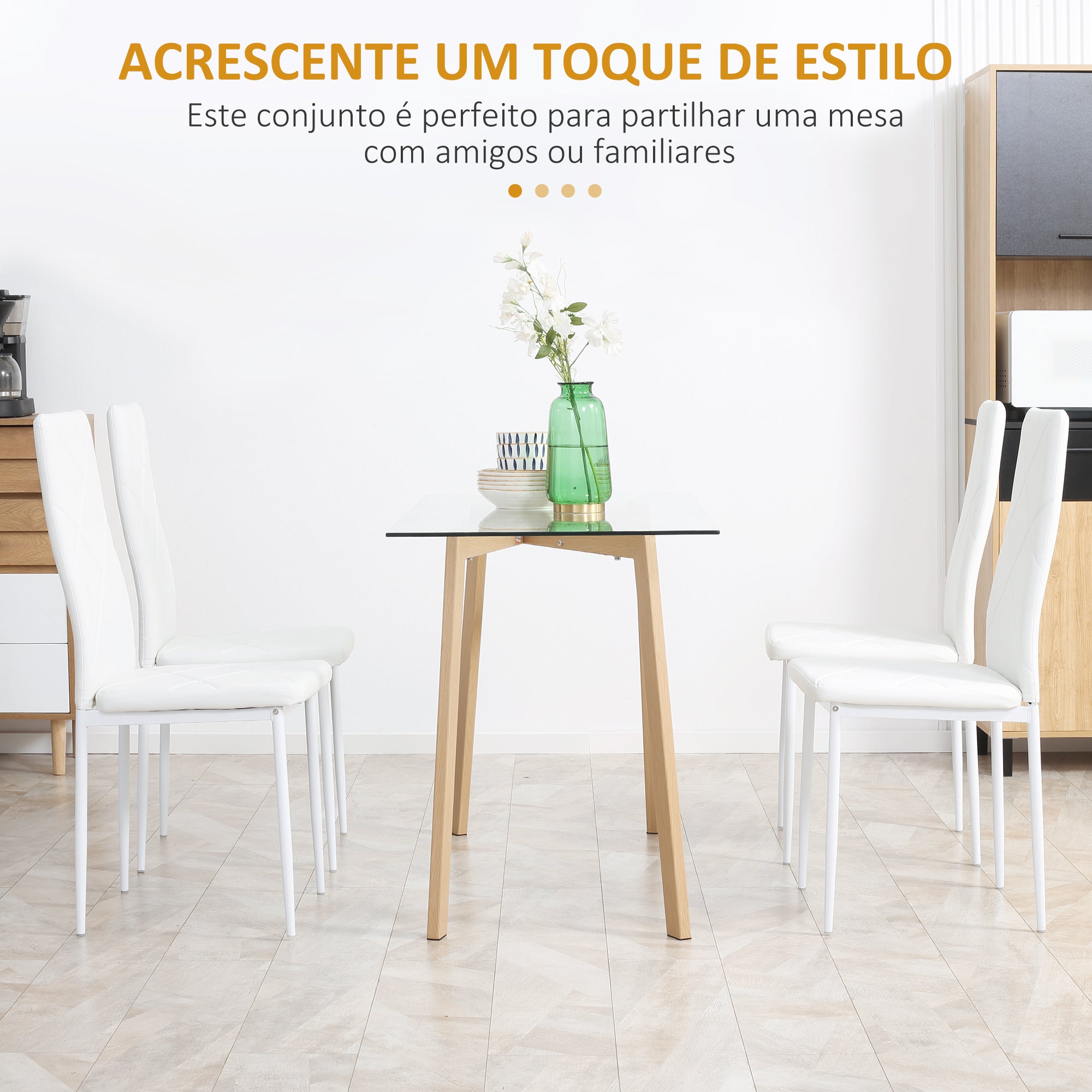 Conjunto de 4 Cadeiras de Sala de Jantar Estofadas – 41x50x97cm – Branco – Couro PVC, espuma e aço