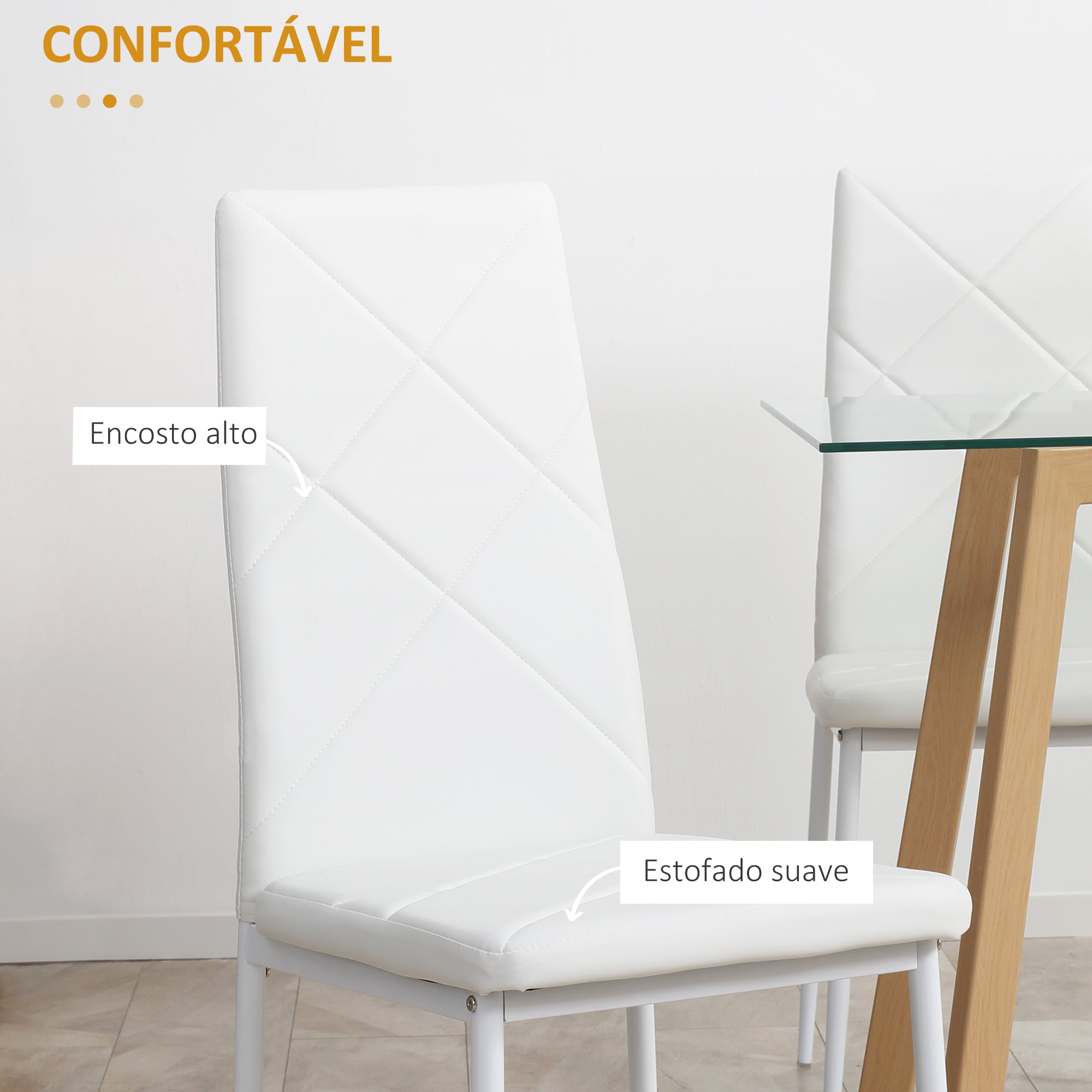 Conjunto de 4 Cadeiras de Sala de Jantar Estofadas – 41x50x97cm – Branco – Couro PVC, espuma e aço