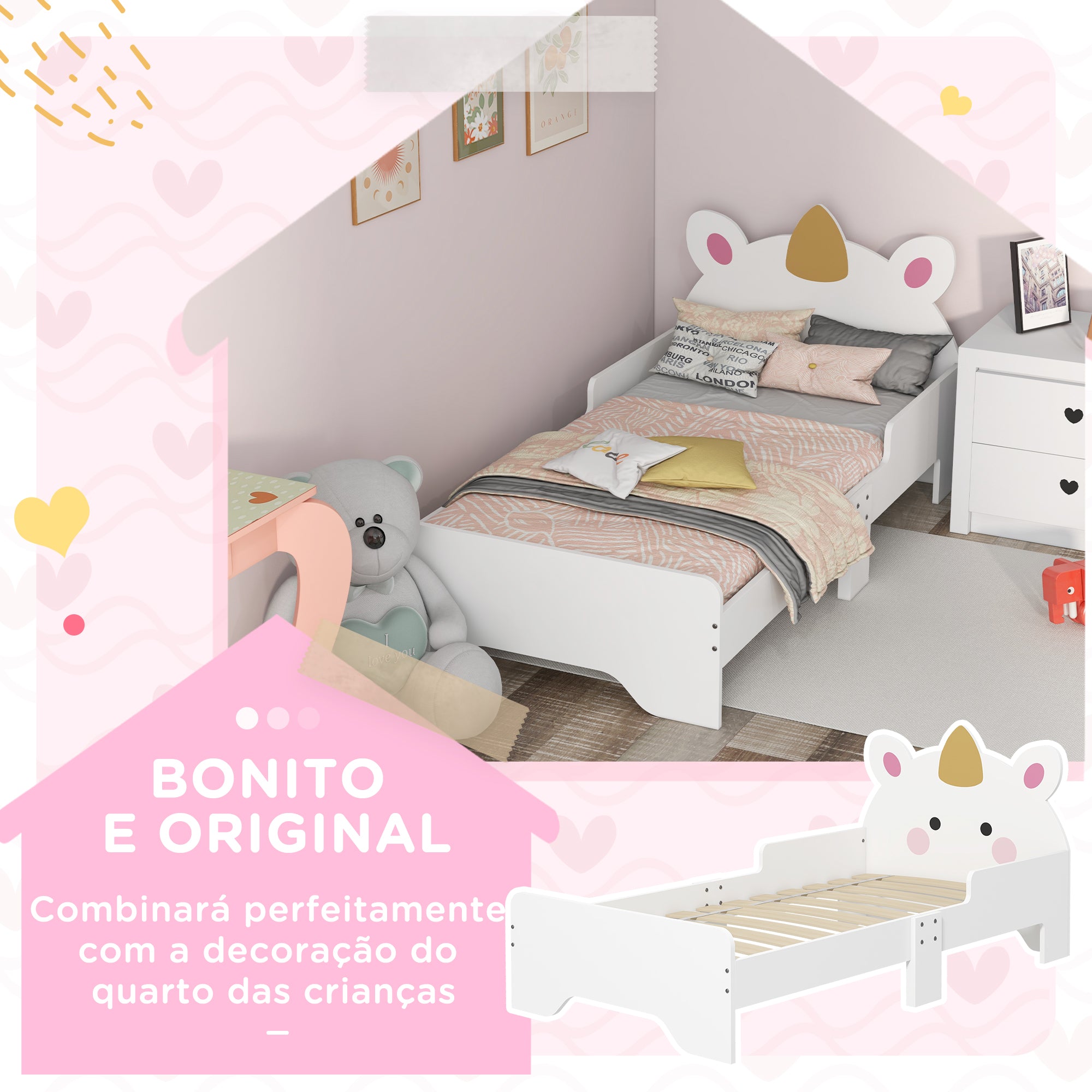 Cama Infantil 143x74x67 cm Branco com Design de Unicórnio para Crianças de 3-6 Anos