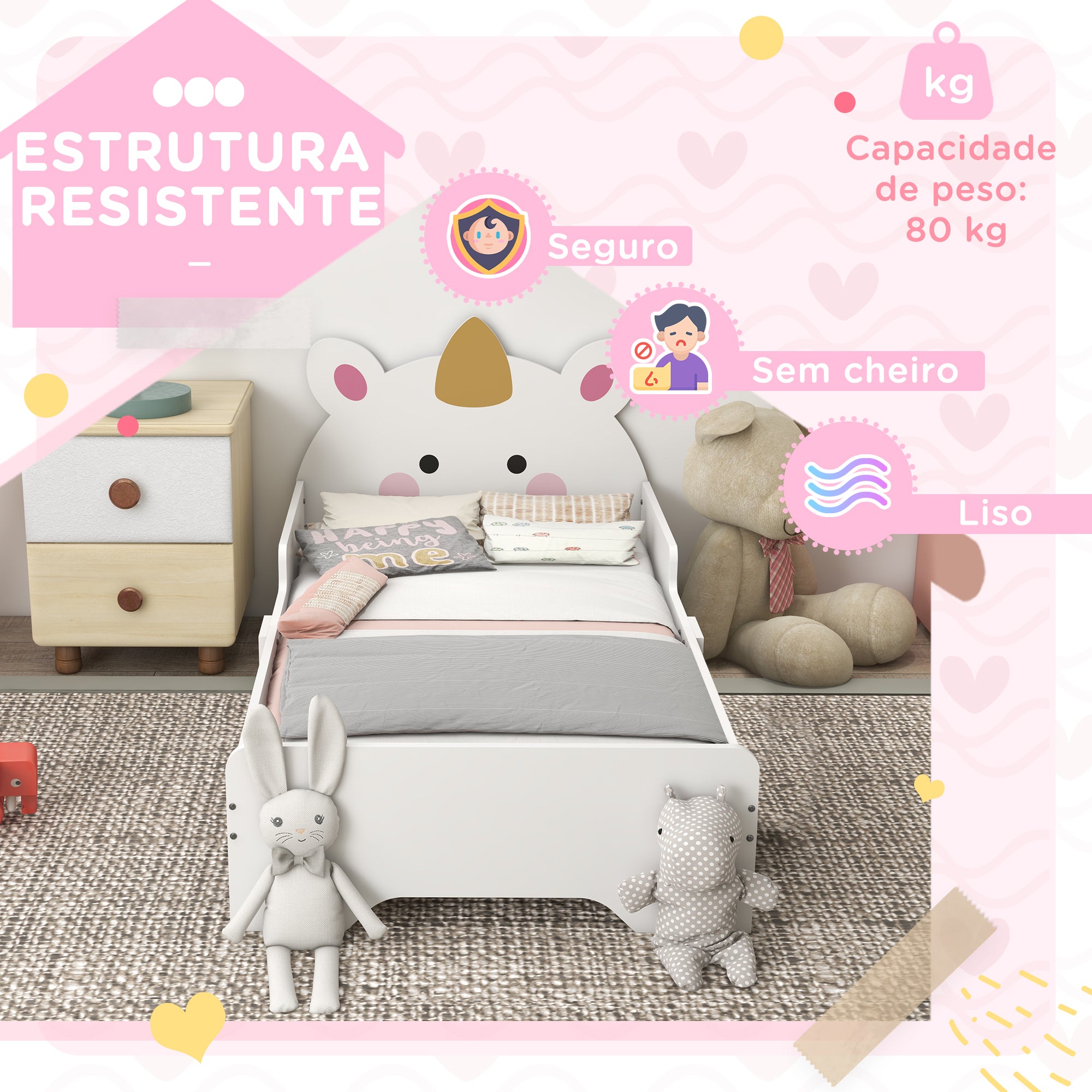 Cama Infantil 143x74x67 cm Branco com Design de Unicórnio para Crianças de 3-6 Anos