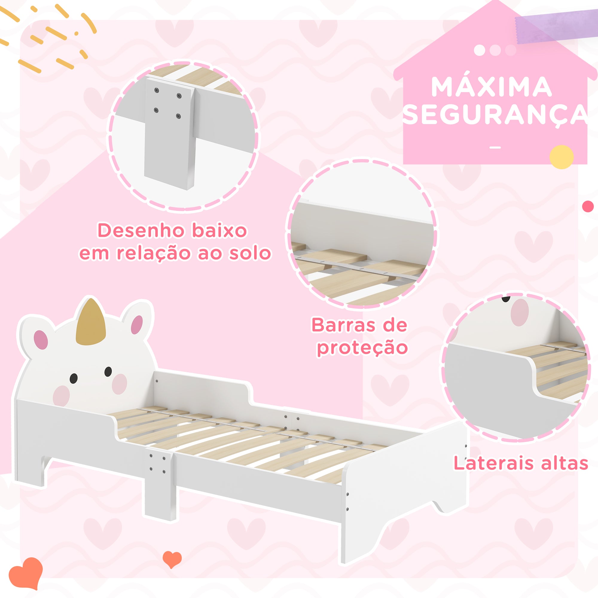 Cama Infantil 143x74x67 cm Branco com Design de Unicórnio para Crianças de 3-6 Anos