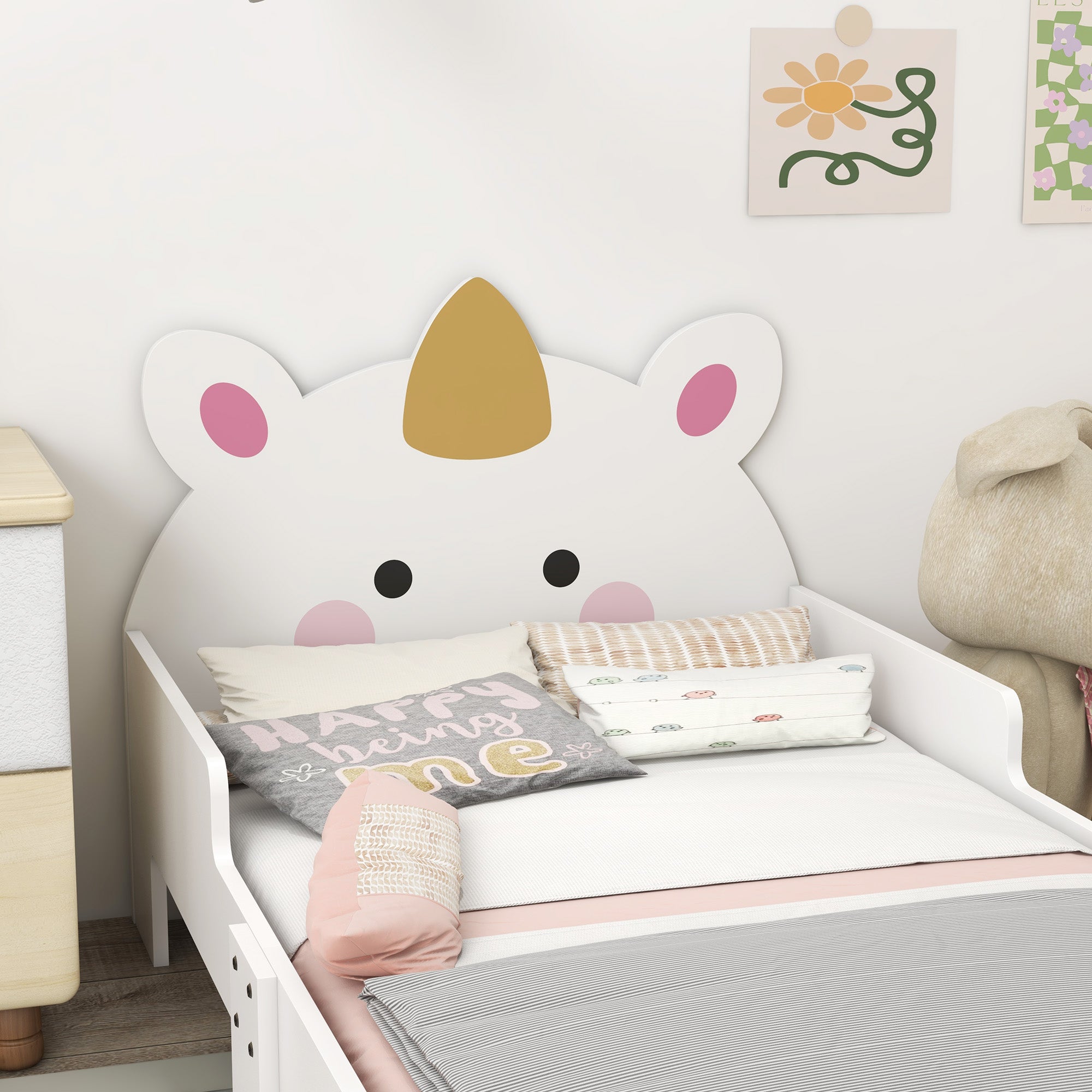 Cama Infantil 143x74x67 cm Branco com Design de Unicórnio para Crianças de 3-6 Anos