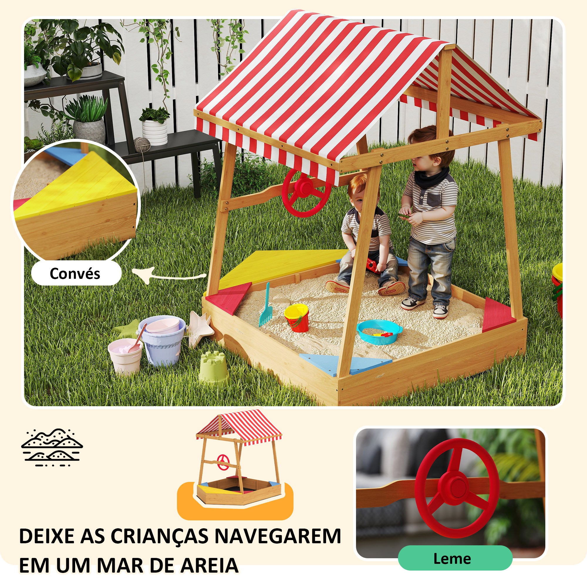 Caixa de Areia Infantil em Forma de Barco 133x101x141 cm - Amarelo