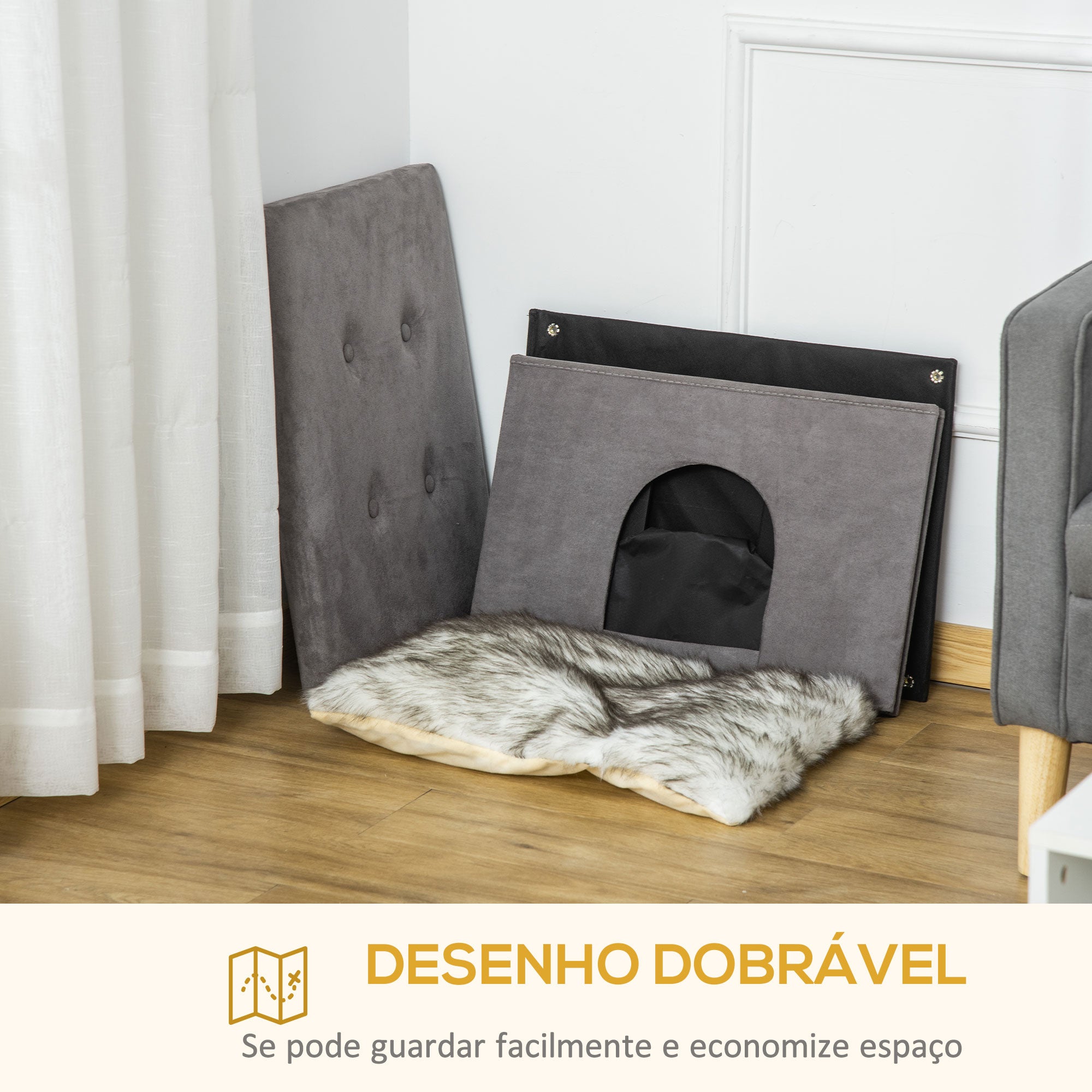 Caverna 2 em 1 para Gatos com Banco Apoio – 60x45x44,5 cm – Cinza – MDF e pelúcia
