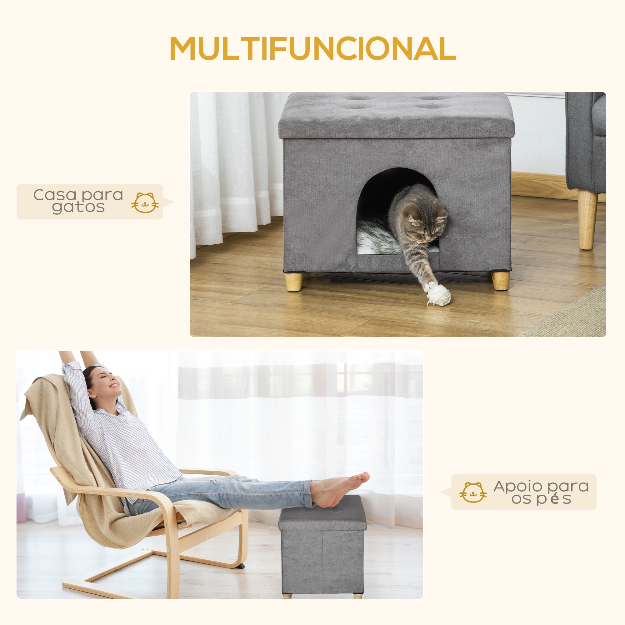 Caverna 2 em 1 para Gatos com Banco Apoio – 60x45x44,5 cm – Cinza – MDF e pelúcia