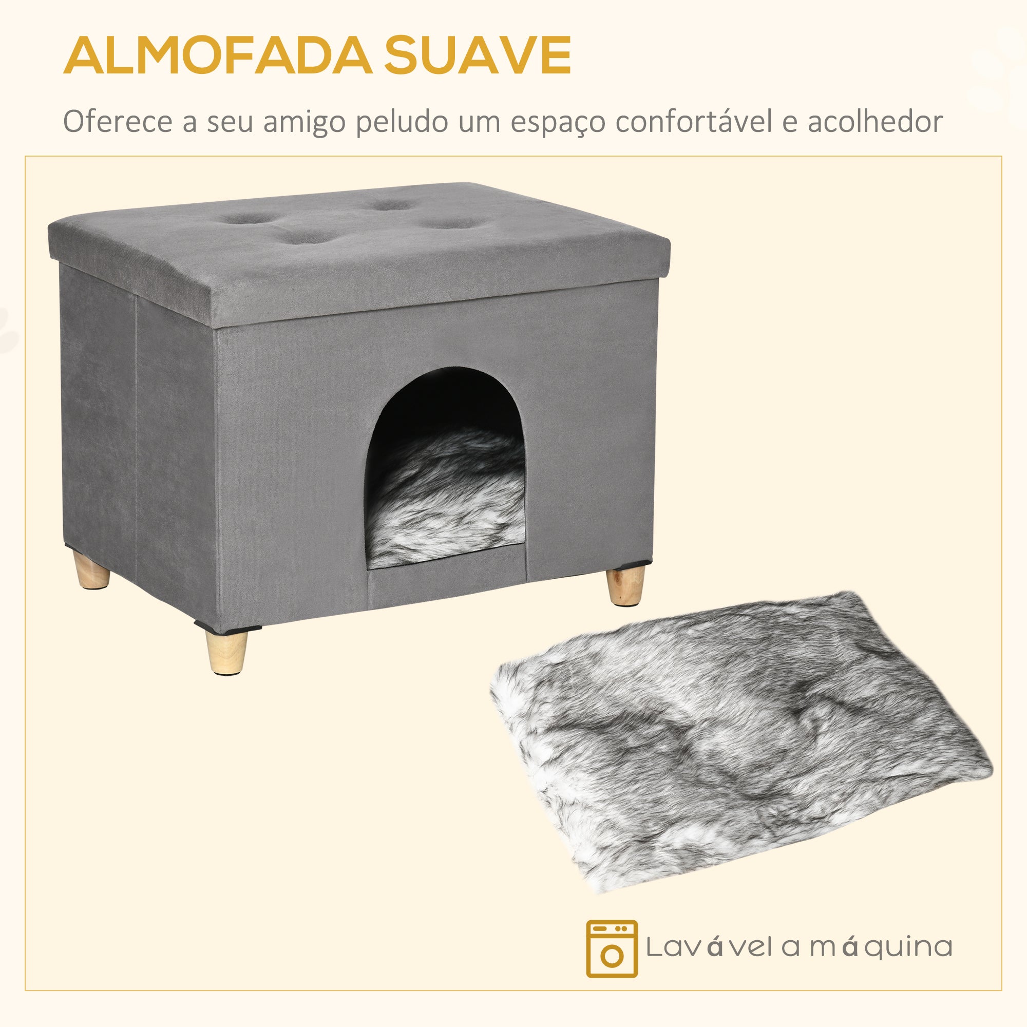 Caverna 2 em 1 para Gatos com Banco Apoio – 60x45x44,5 cm – Cinza – MDF e pelúcia