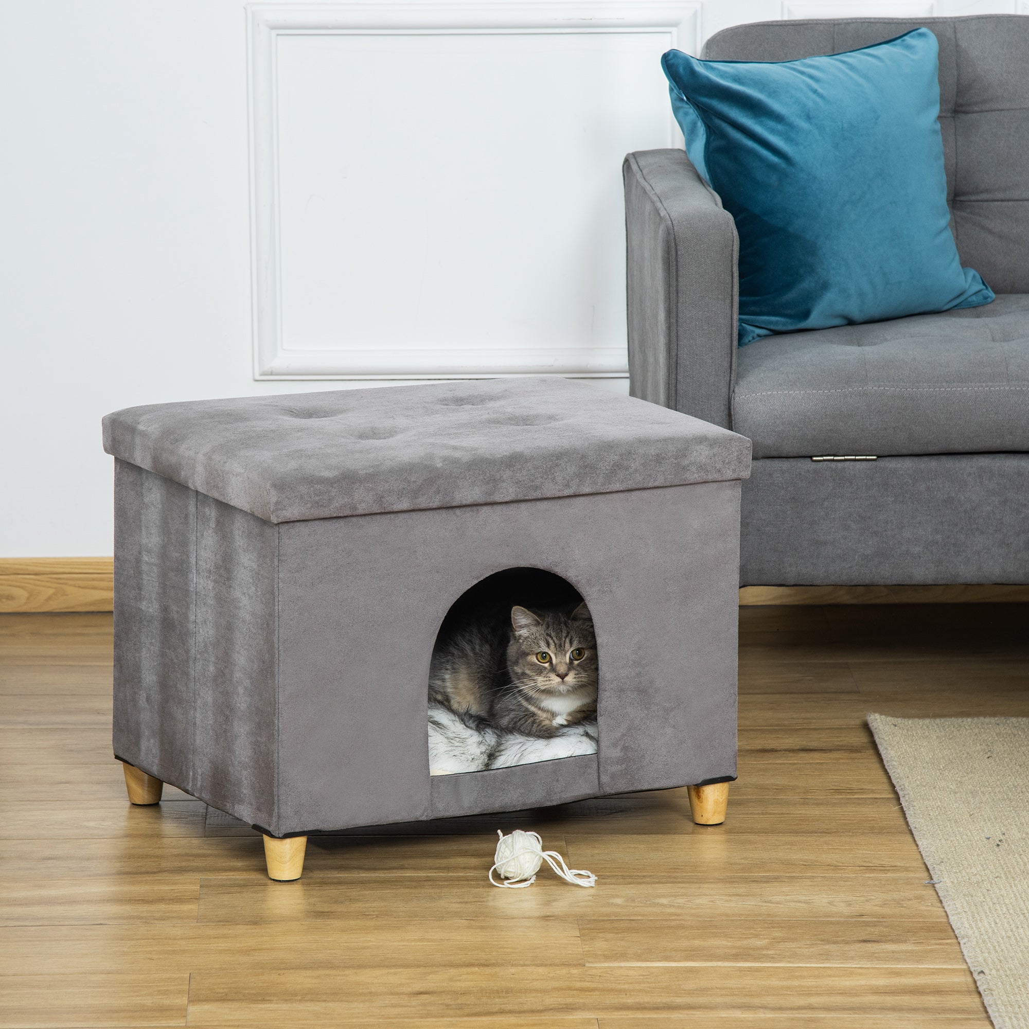 Caverna 2 em 1 para Gatos com Banco Apoio – 60x45x44,5 cm – Cinza – MDF e pelúcia