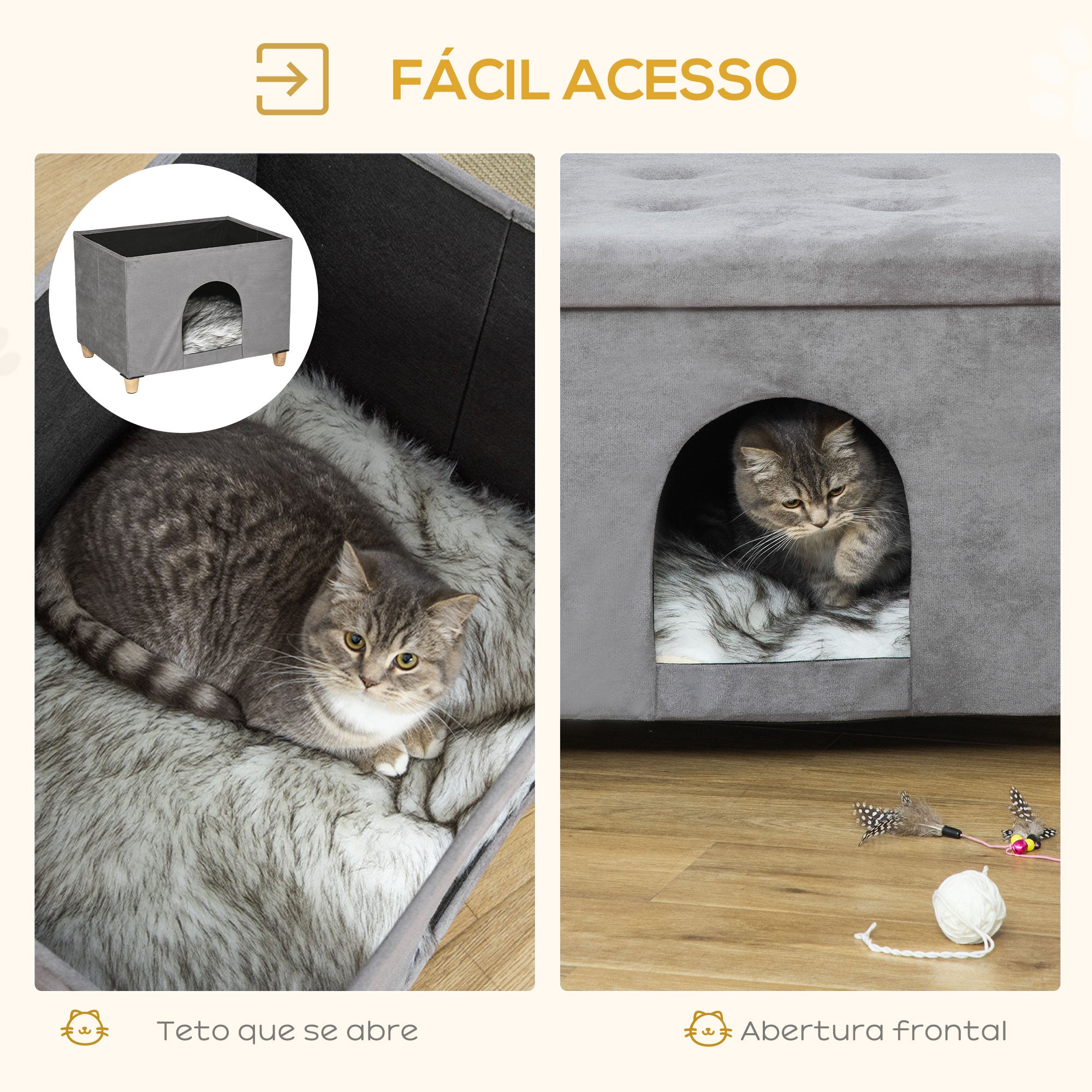 Caverna 2 em 1 para Gatos com Banco Apoio – 60x45x44,5 cm – Cinza – MDF e pelúcia