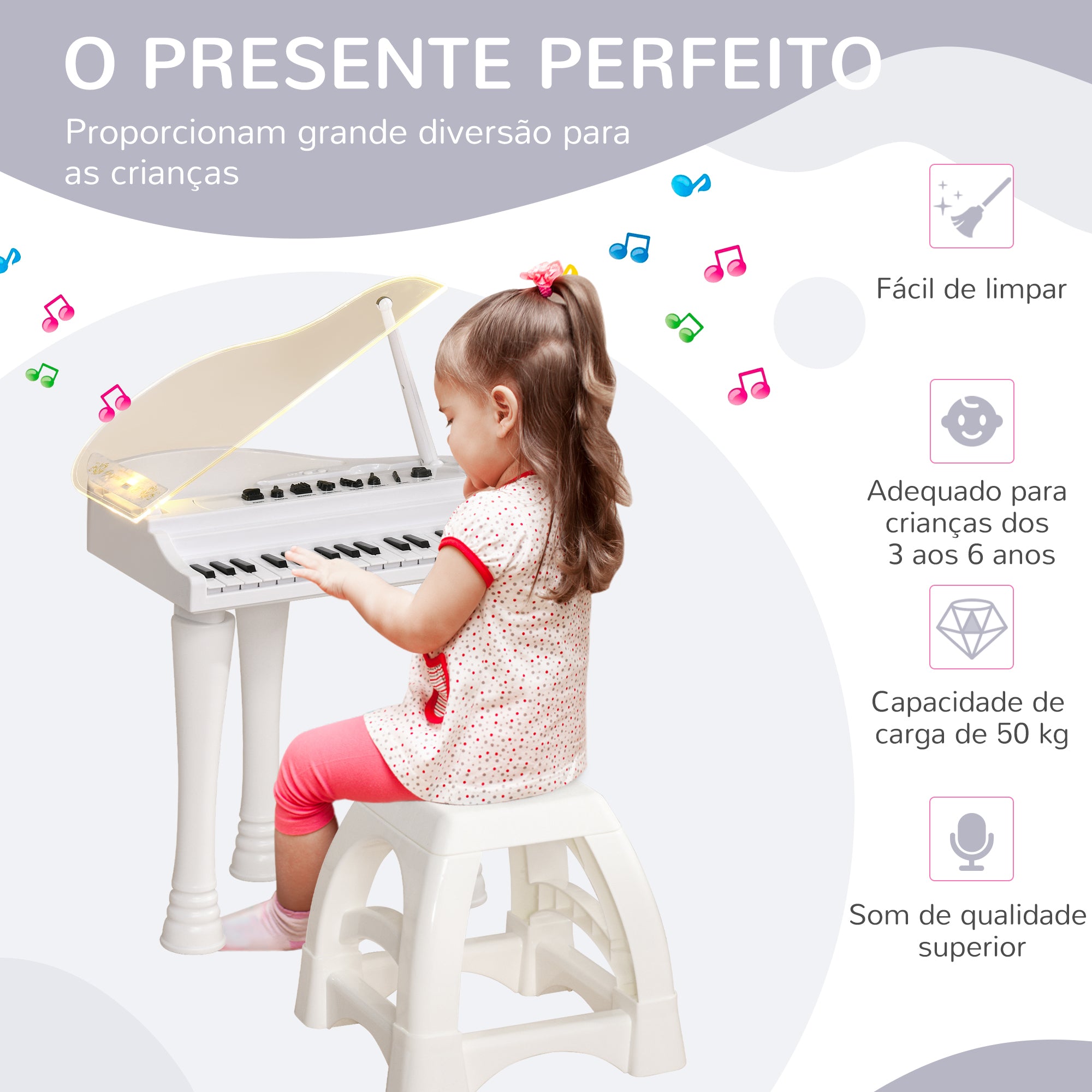 Piano Eletrónico para Crianças 32 Teclas Branco 37x30,5x60,4 cm