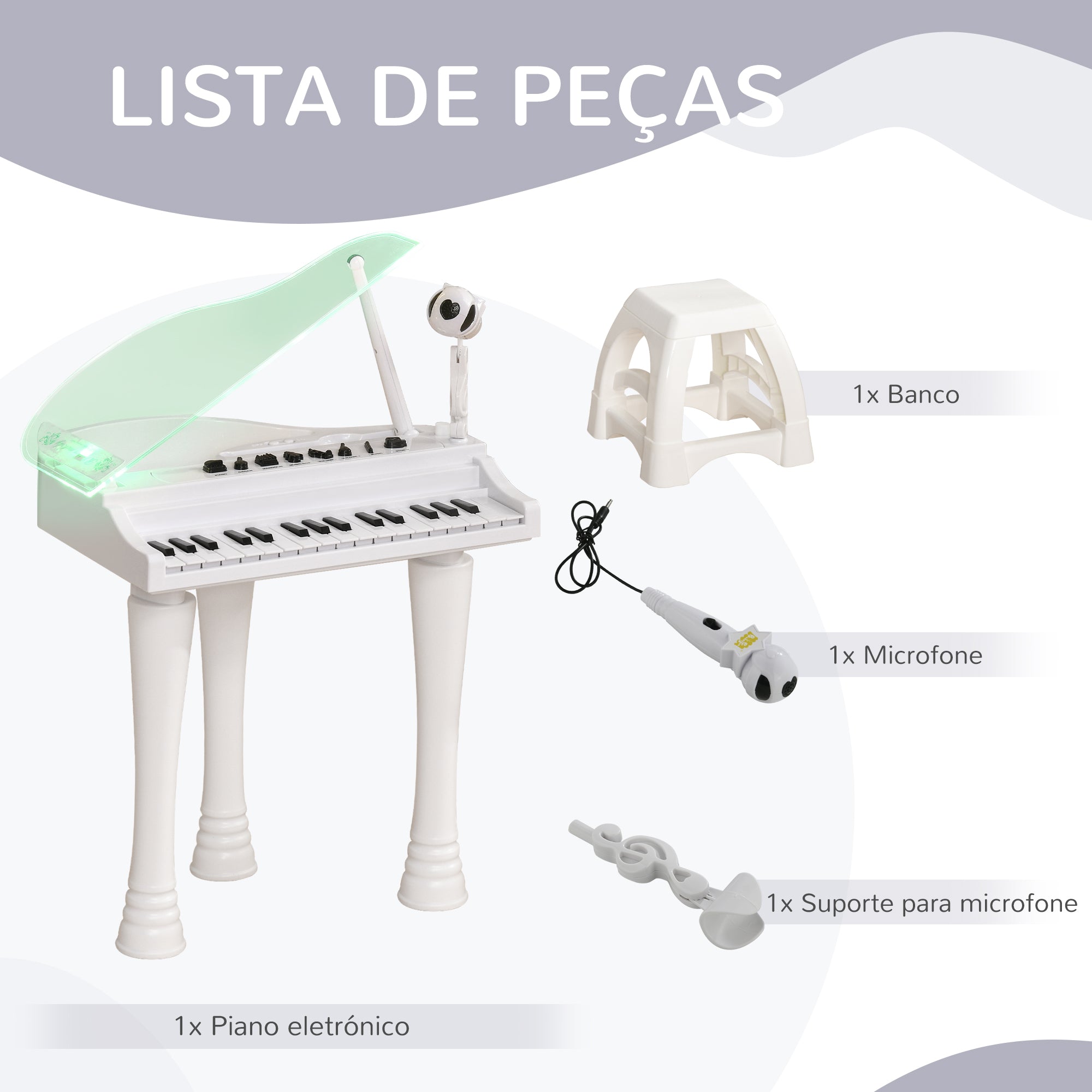Piano Eletrónico para Crianças 32 Teclas Branco 37x30,5x60,4 cm